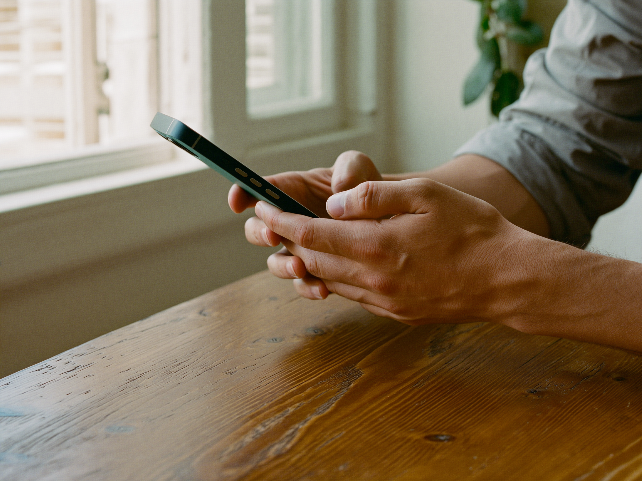Manos sosteniendo un teléfono móvil con expresión de calma y serenidad