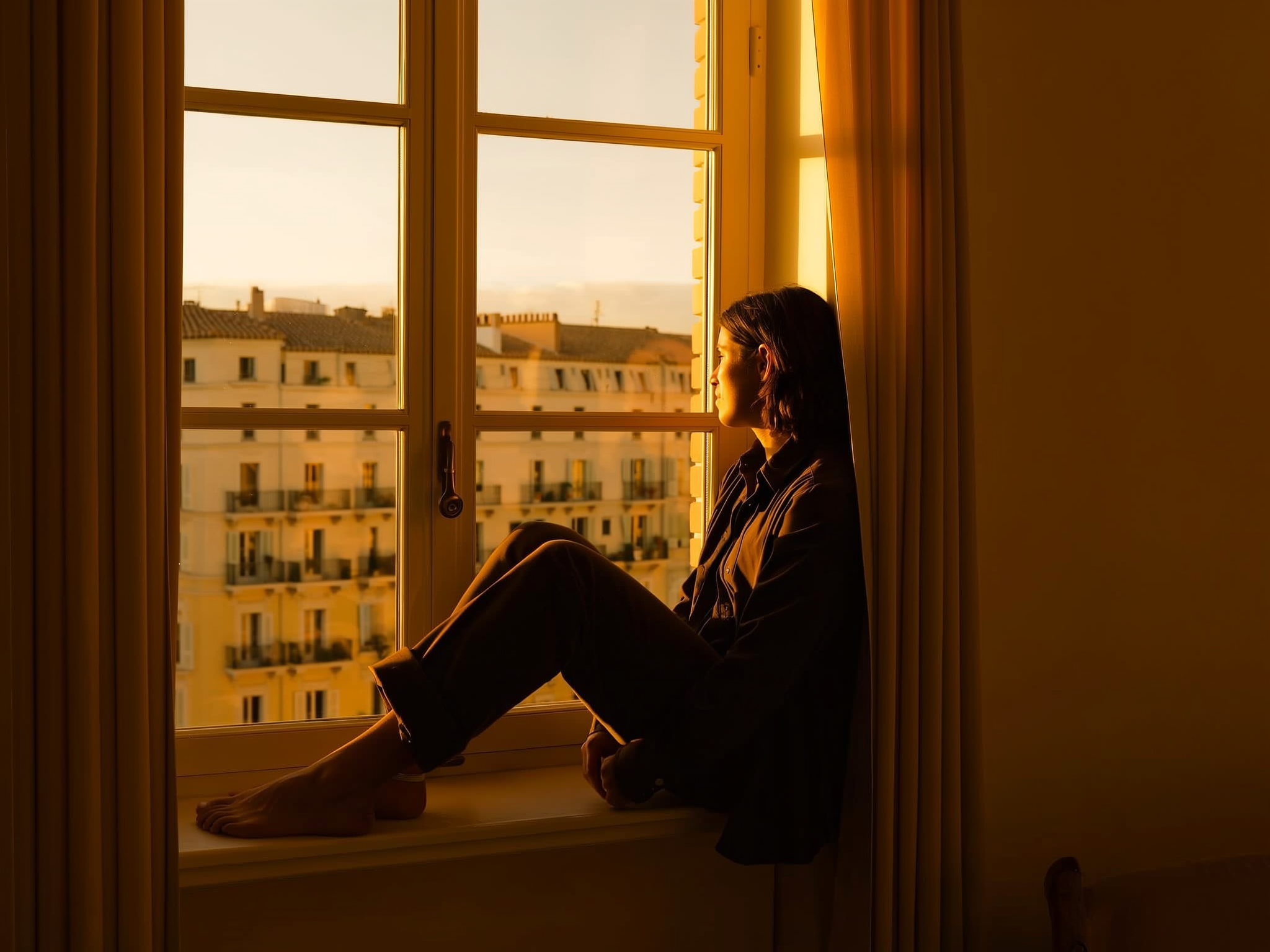 Persona reflexionando junto a una ventana con luz cálida