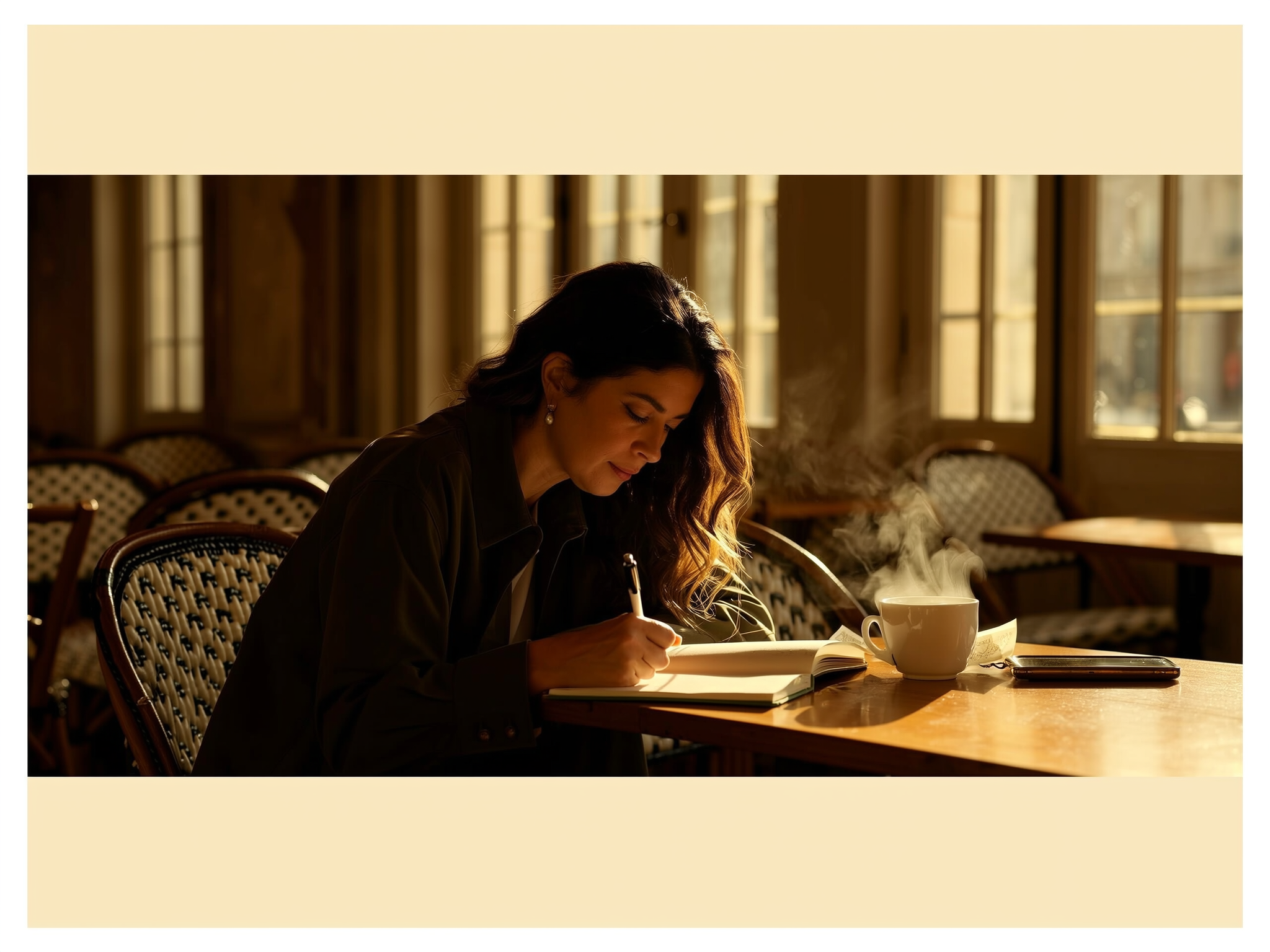 Mujer escribiendo en un diario en una cafetería acogedora, proceso de autoconocimiento y sanación