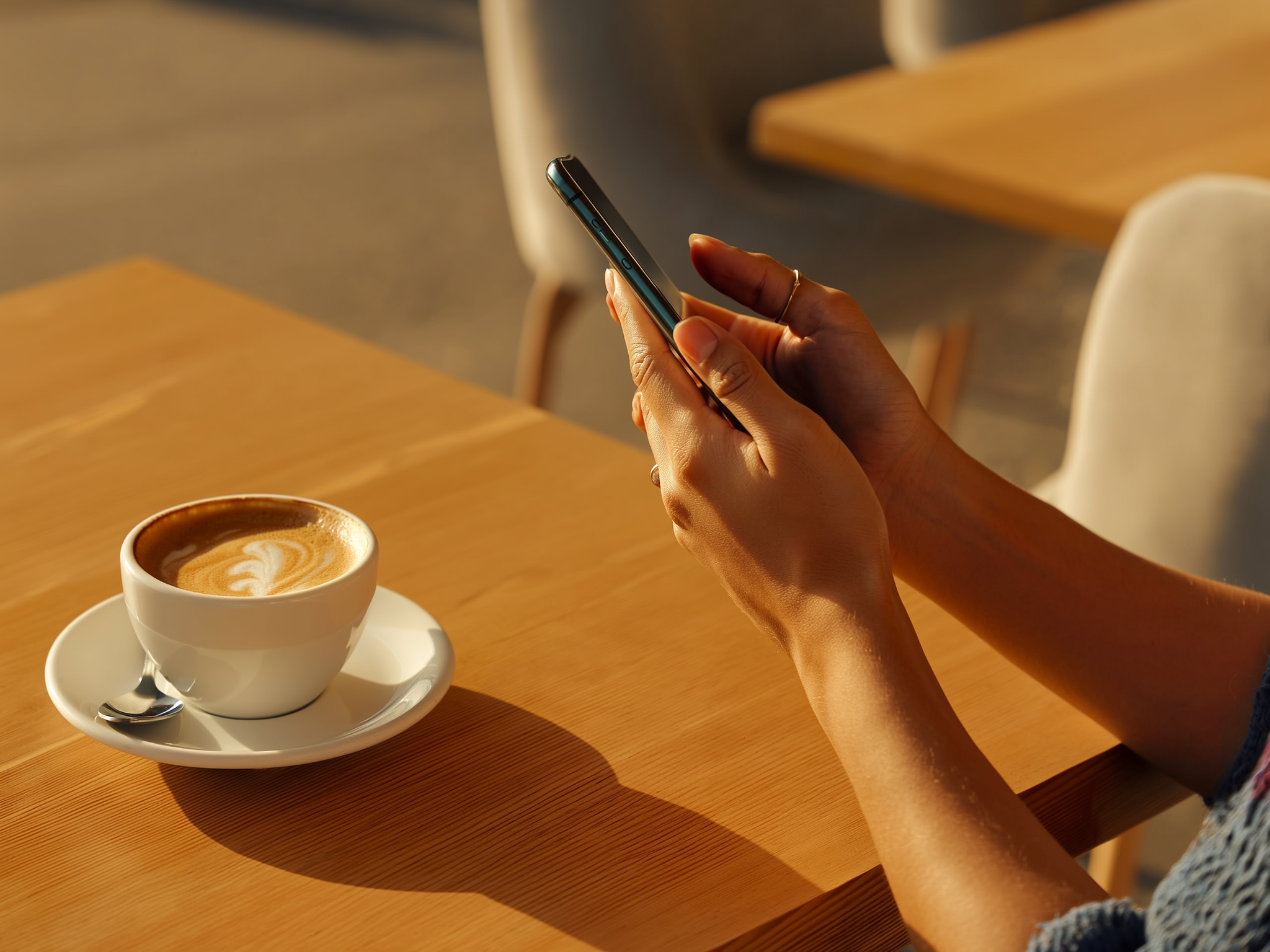 Manos dejando un teléfono móvil boca abajo sobre una mesa, representando el descanso digital necesario