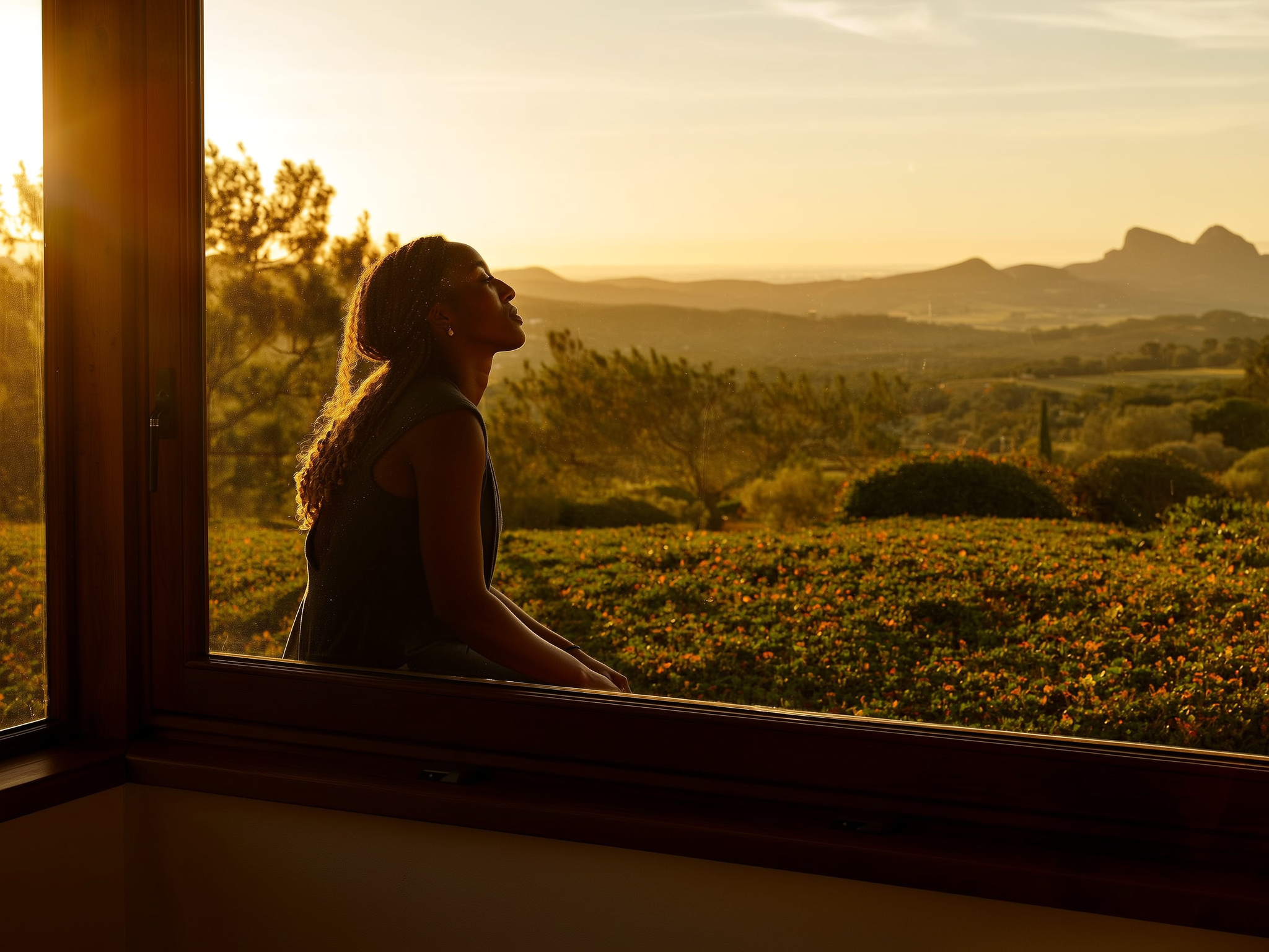 Mujer joven contemplando paisaje desde ventana en momento de reflexión y tranquilidad