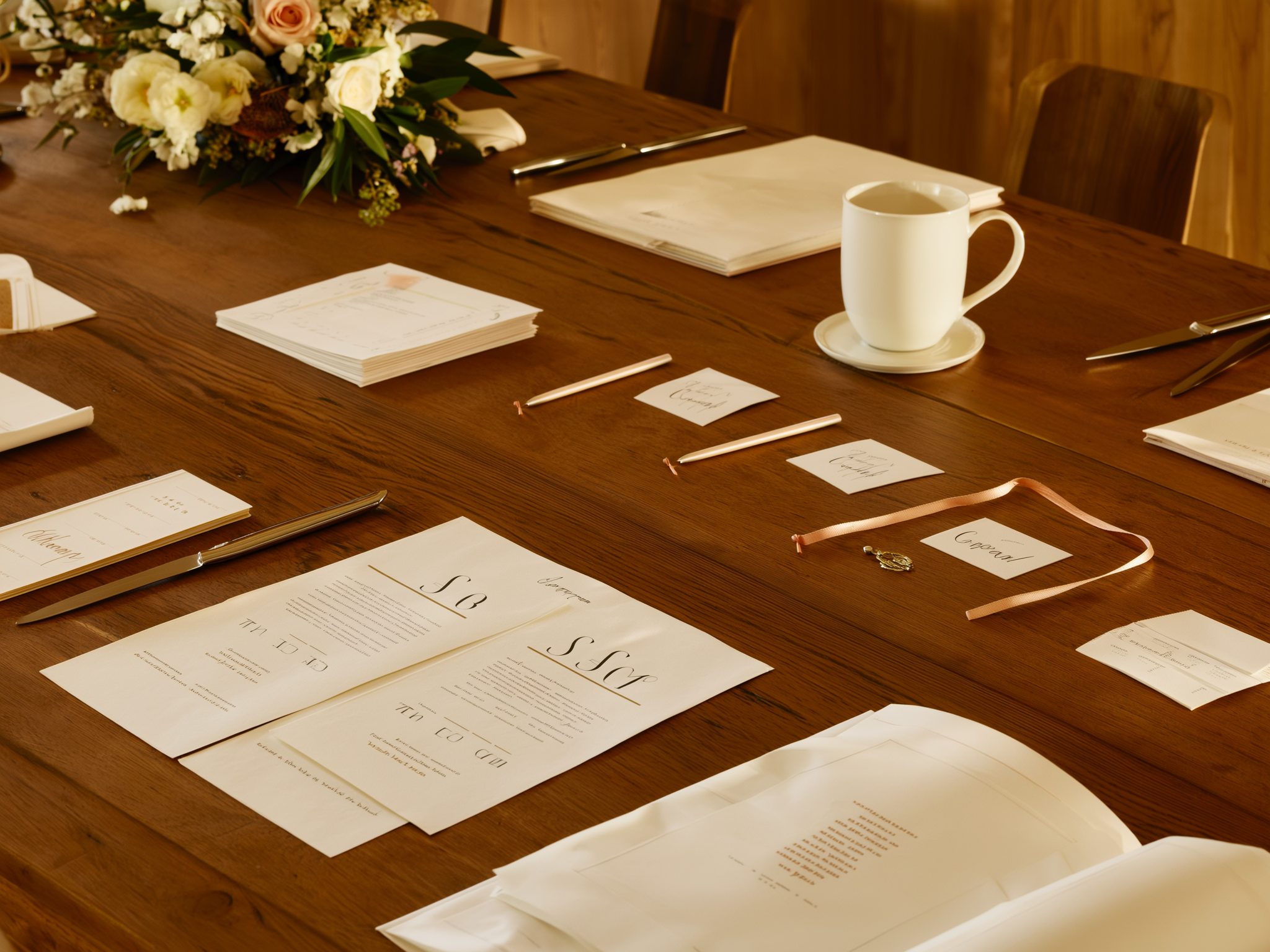 Materiales de planificación de boda sobre mesa de madera con luz natural suave