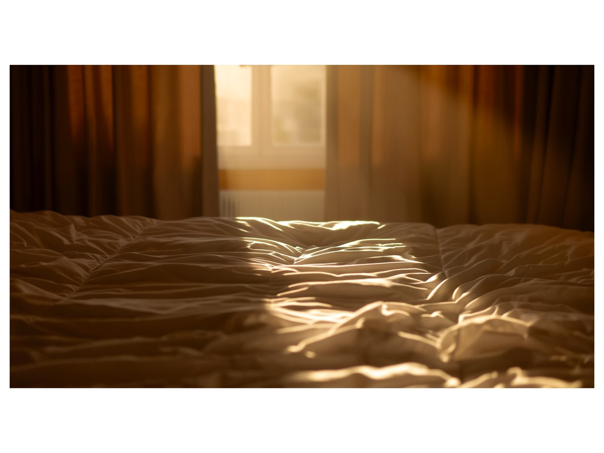 Sábanas blancas arrugadas con luz suave de la mañana creando un ambiente íntimo y sereno