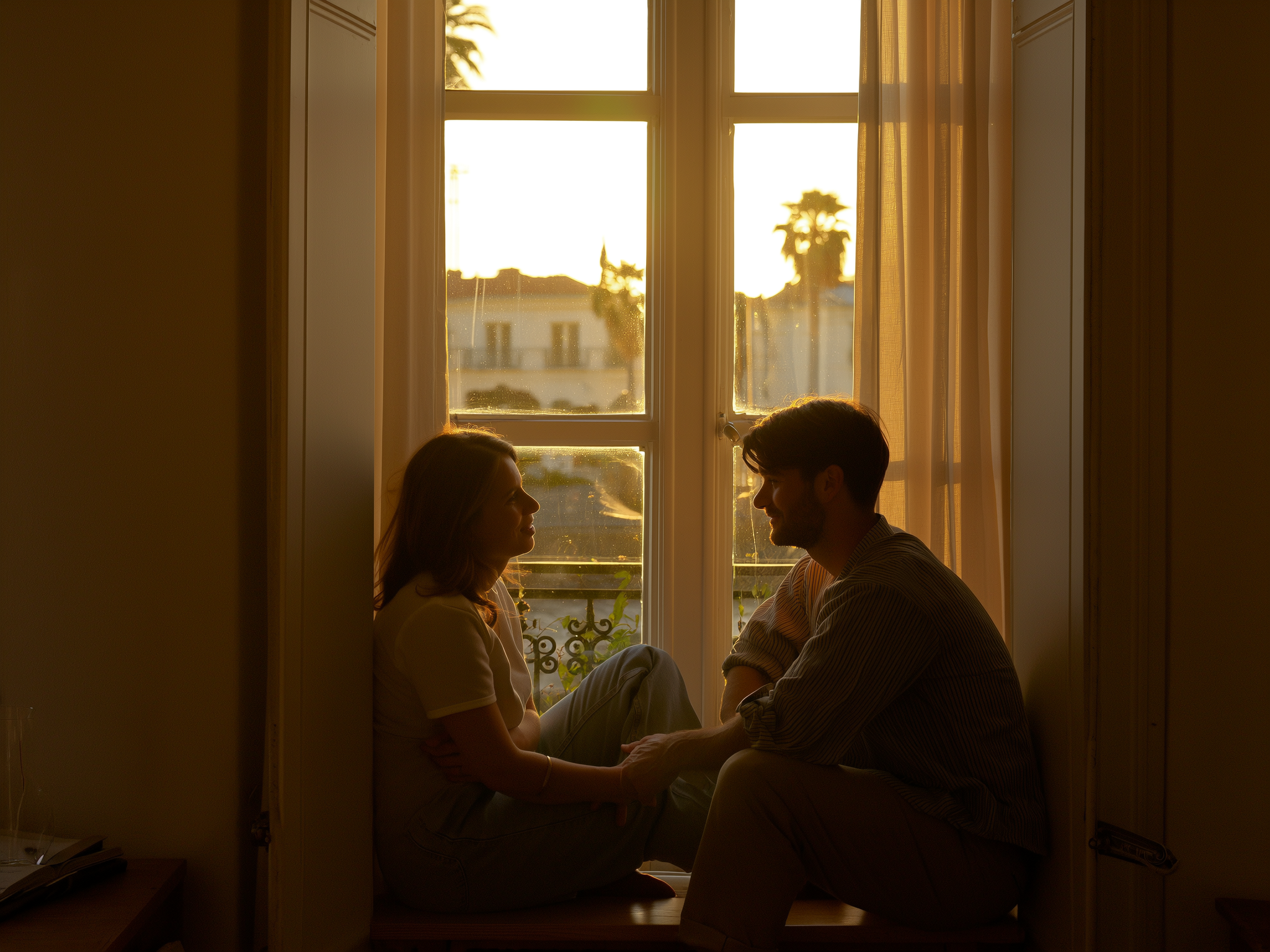 Pareja en conversación tranquila junto a ventana con luz suave, ambiente de reconciliación