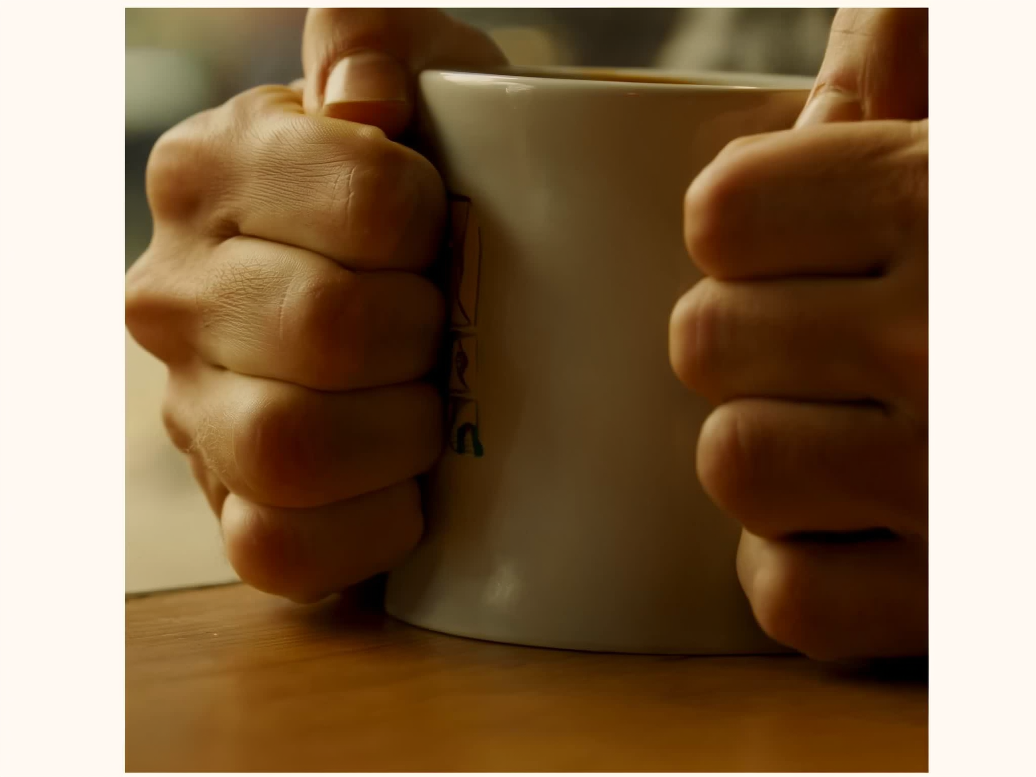 Manos tensas sosteniendo una taza, representando la ansiedad contenida