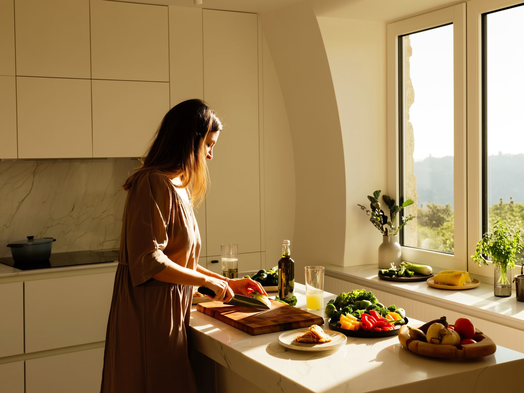 Manos de mujer preparando comida saludable en cocina luminosa