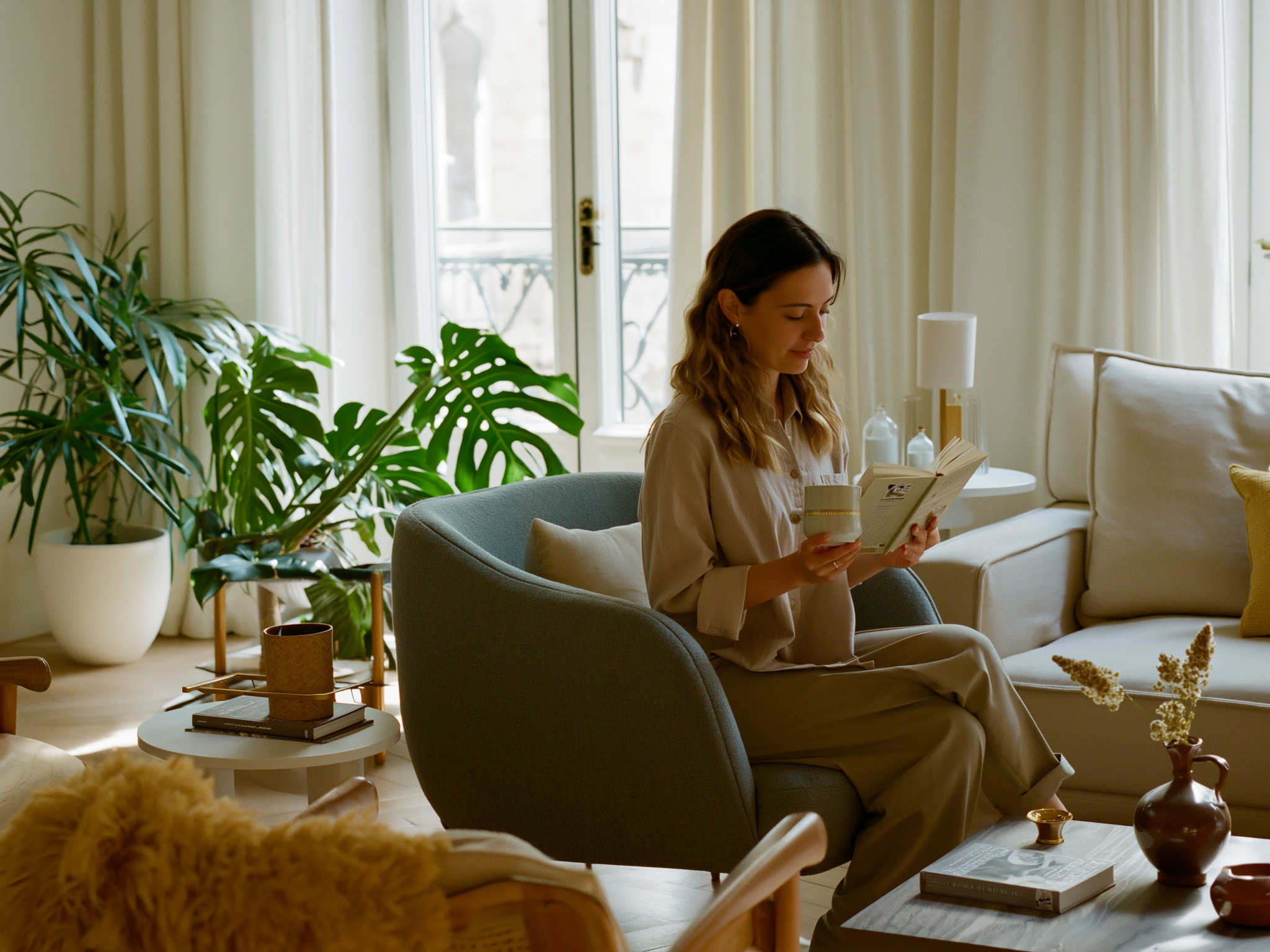 Mujer practicando autocuidado en salón acogedor con libro y té