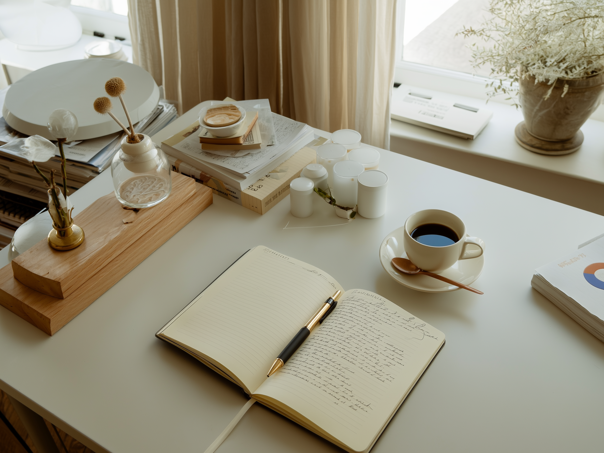 Espacio de trabajo tranquilo con diario abierto simbolizando autorreflexión y crecimiento personal