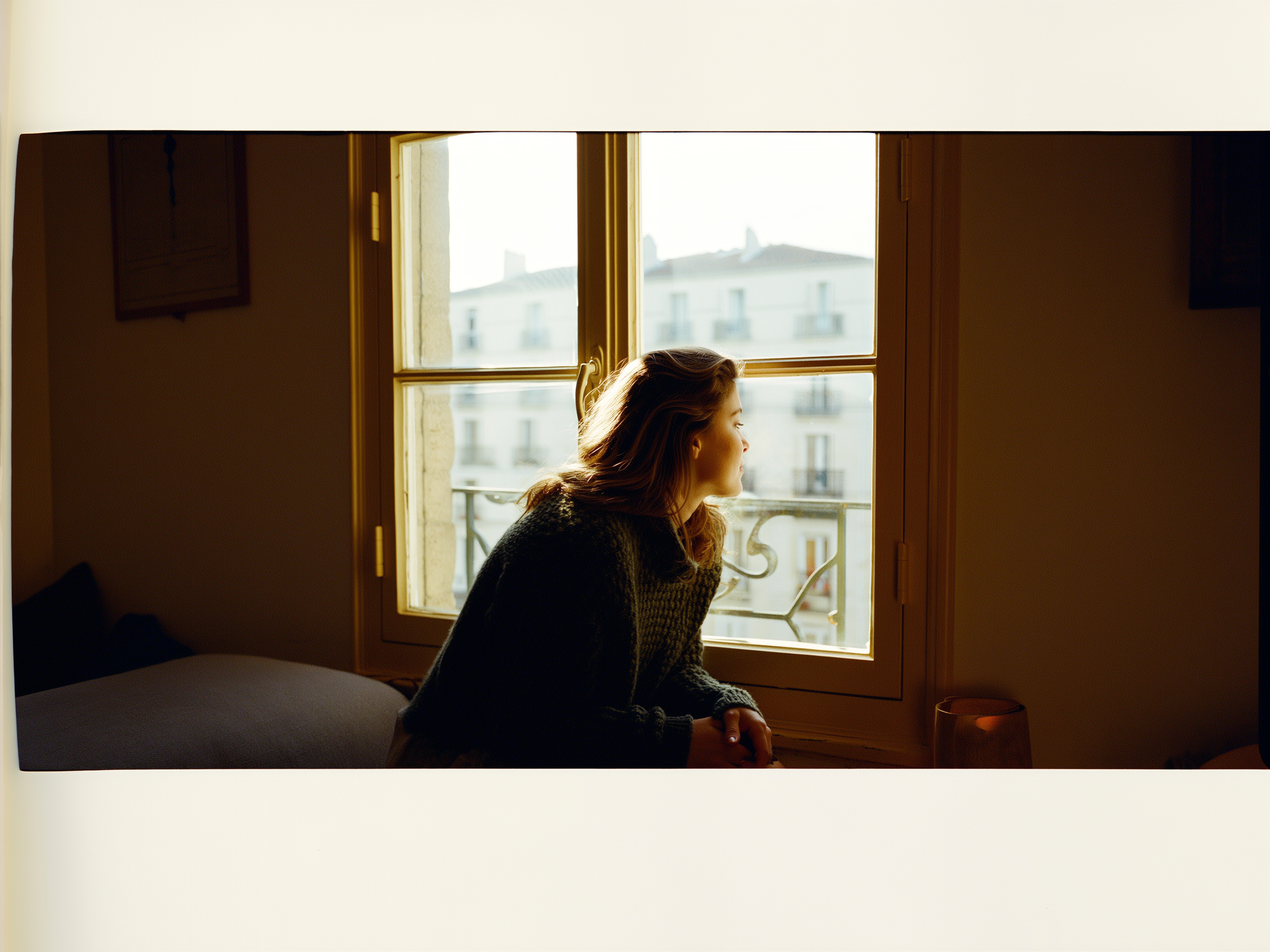 Mujer joven mirando por la ventana con expresión serena, luz suave natural