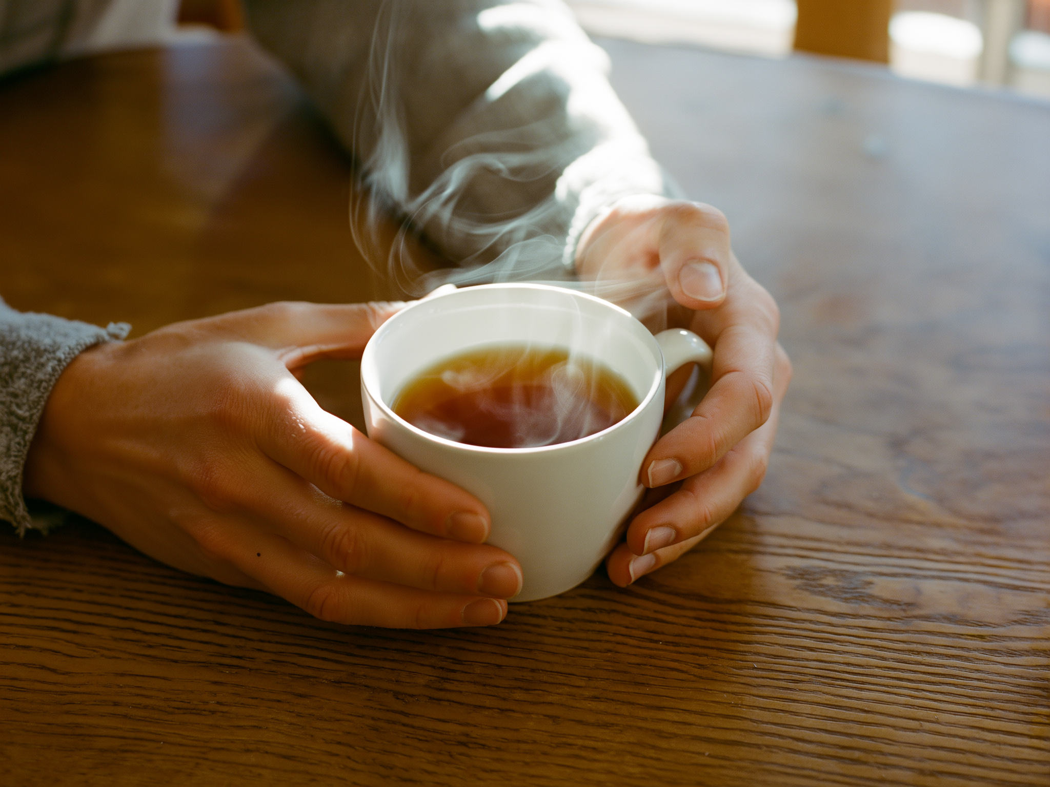 Manos sosteniendo una taza de té caliente en ambiente hogareño tranquilo