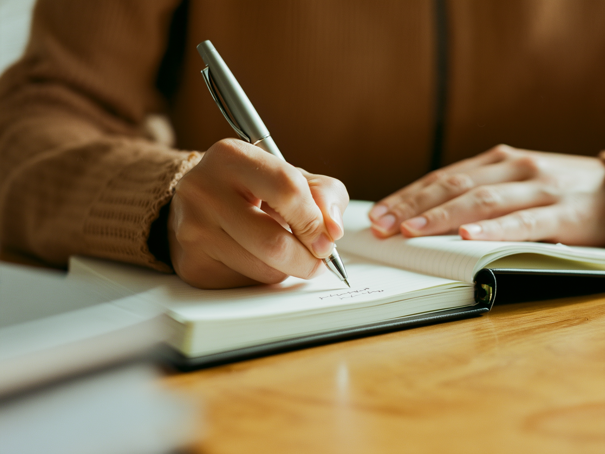 Manos escribiendo en un diario, representando la reflexión personal y el procesamiento emocional