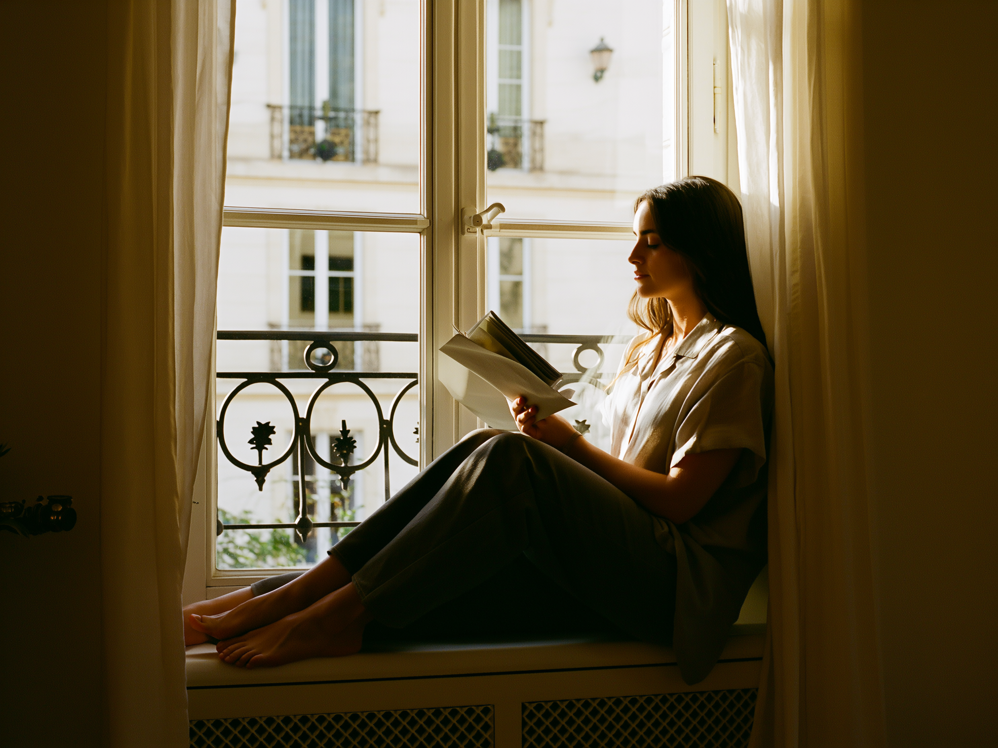 Mujer reflexiva junto a ventana con luz suave, representando la introspección en relaciones