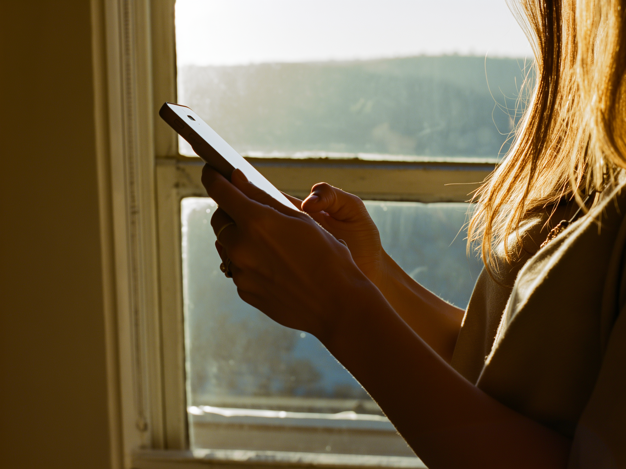Mujer mirando su teléfono móvil en ambiente sereno y luminoso, simbolizando la libertad digital