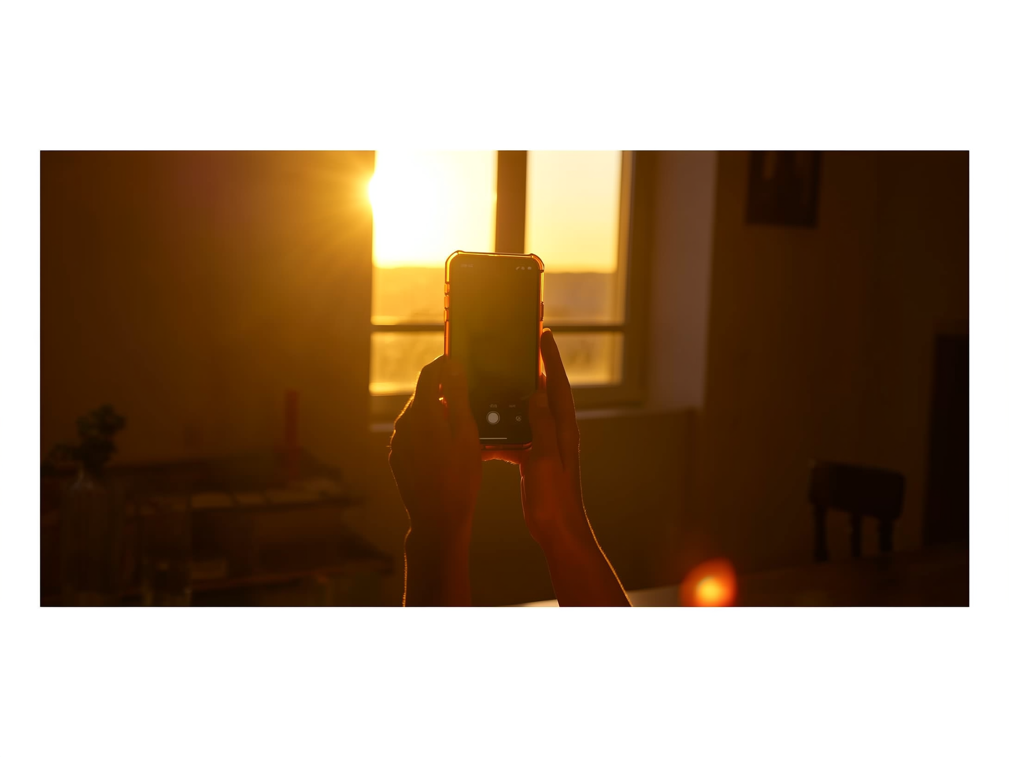 Manos sosteniendo un teléfono móvil con tranquilidad en ambiente cálido y sereno