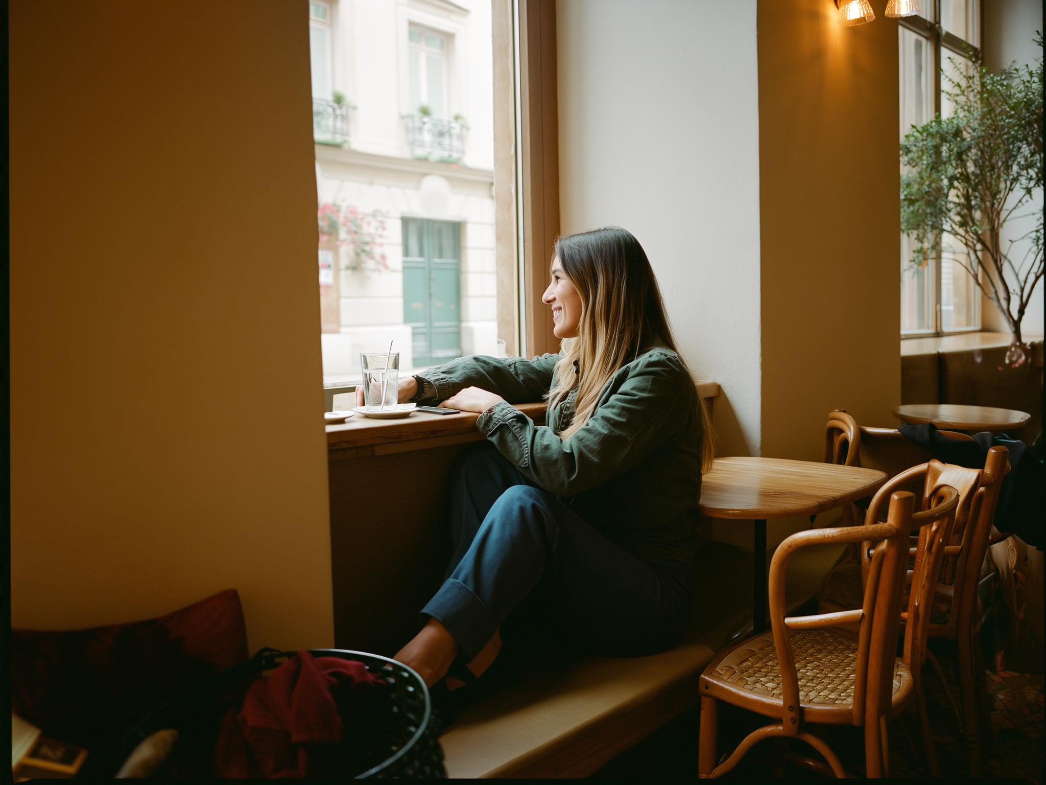 Mujer tranquila en un café mirando por la ventana, representando la paz mental y libertad