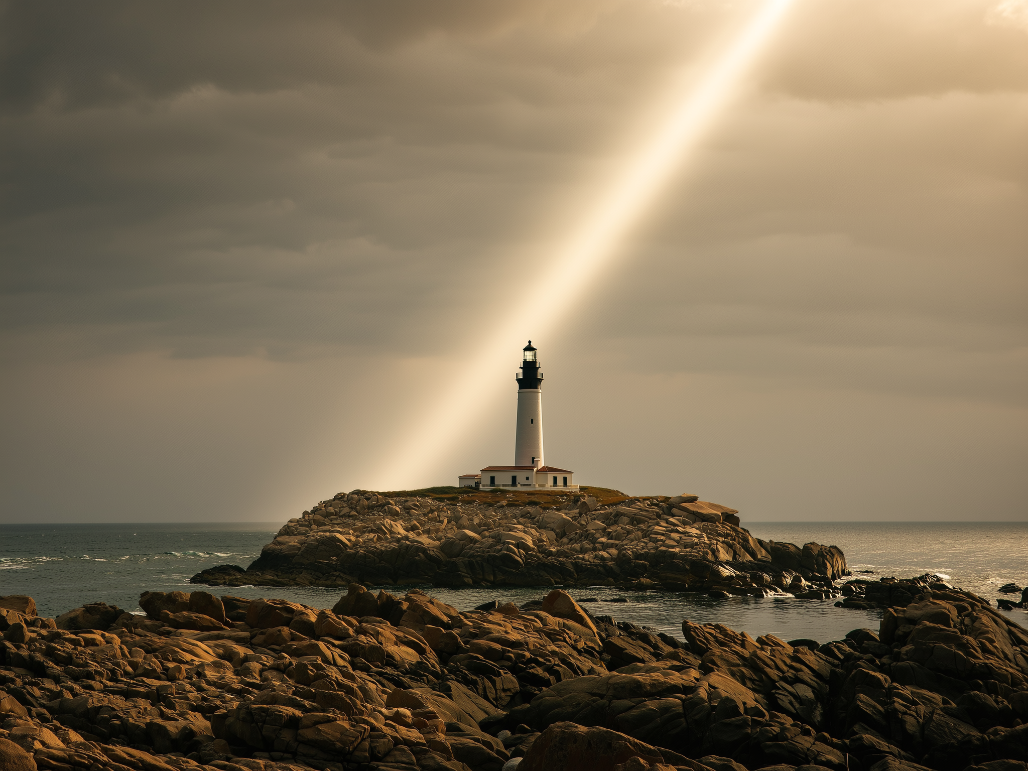 Faro iluminando durante una tormenta suave, simbolizando la estabilidad y guía en tiempos difíciles