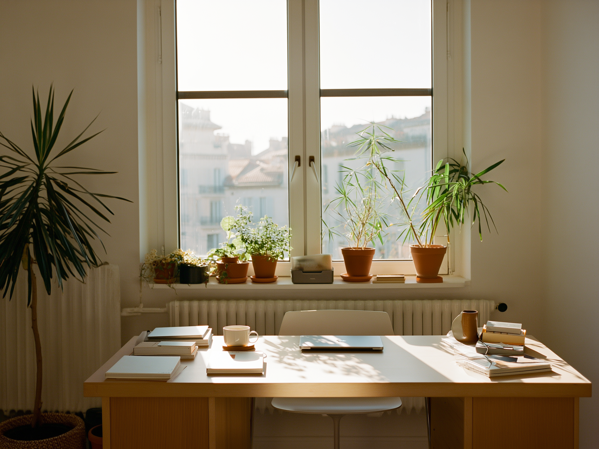 Espacio de trabajo ordenado con luz natural y plantas, transmitiendo calma y equilibrio laboral