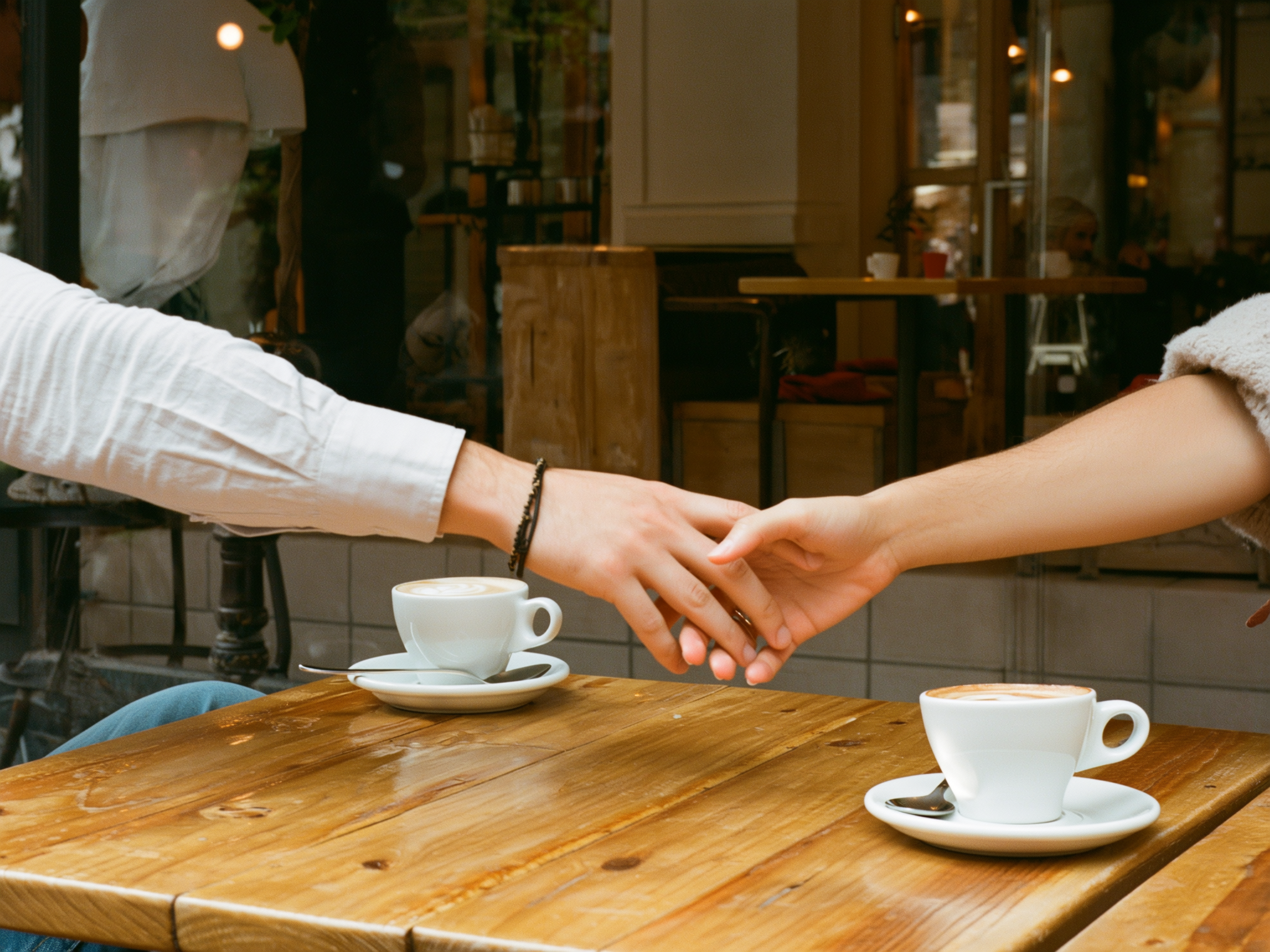 Manos de una pareja conversando con tranquilidad en una cafetería