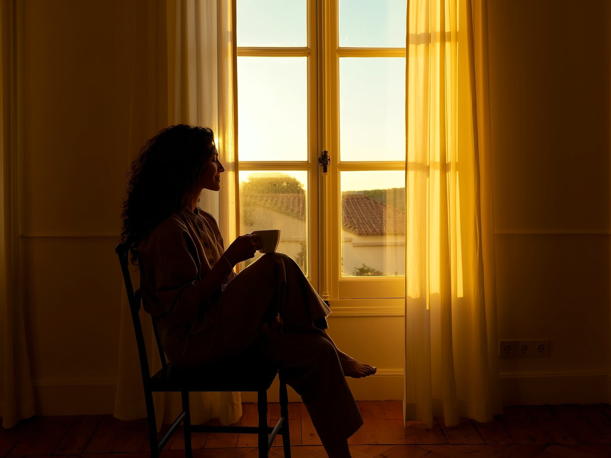 Mujer reflexiva junto a ventana con luz suave del amanecer, simbolizando renovación y esperanza