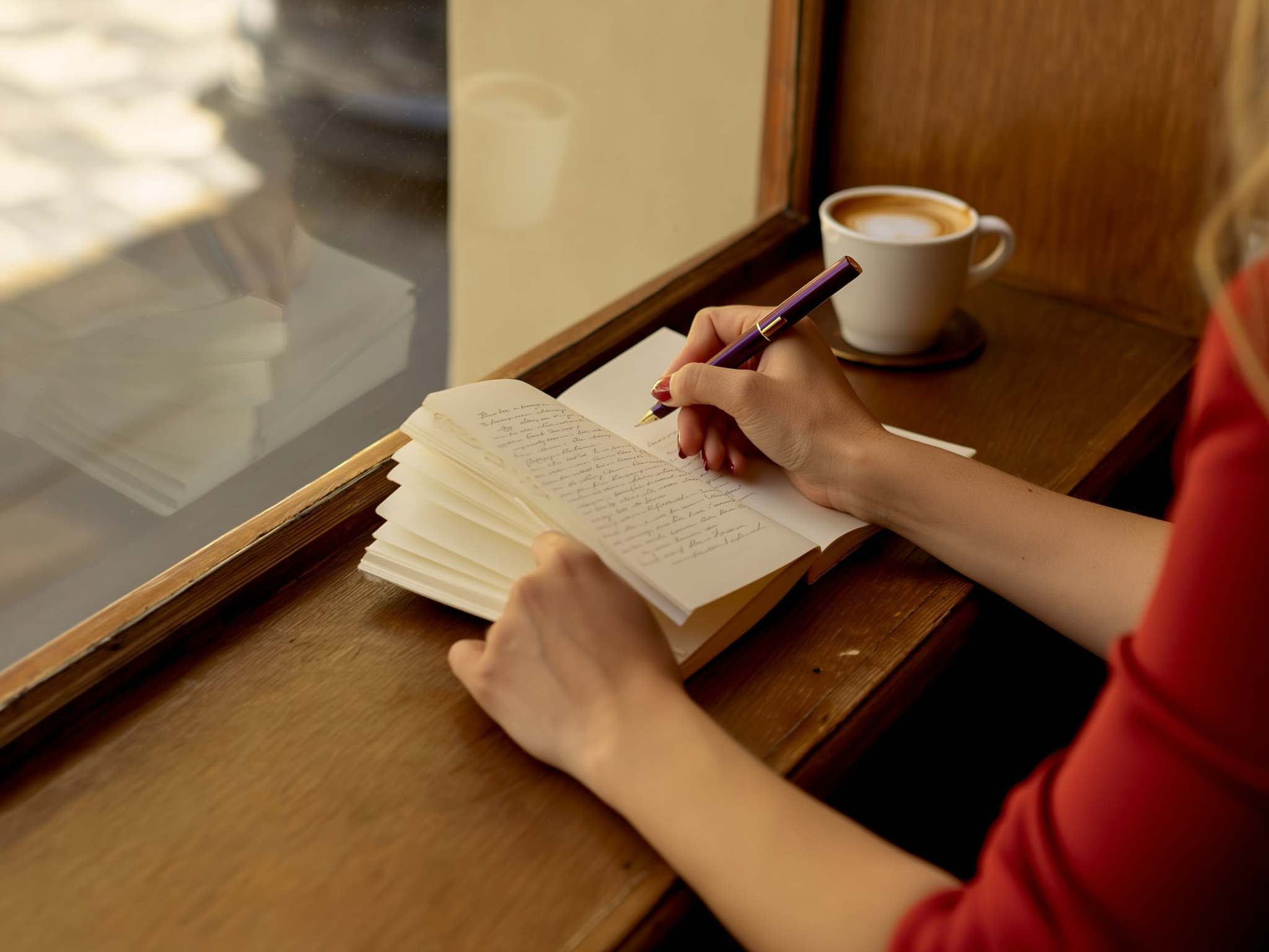 Manos escribiendo en un diario junto a ventana con luz natural, simbolizando autorreflexión