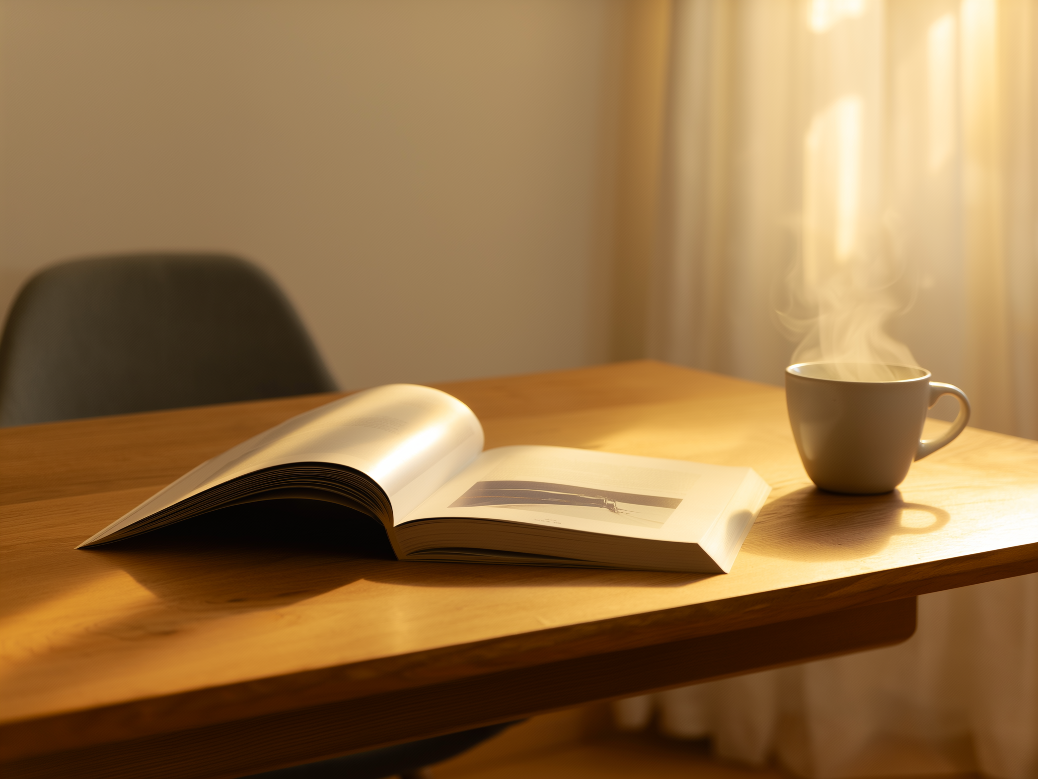 Libro abierto sobre comunicación junto a una taza de té en un escritorio luminoso