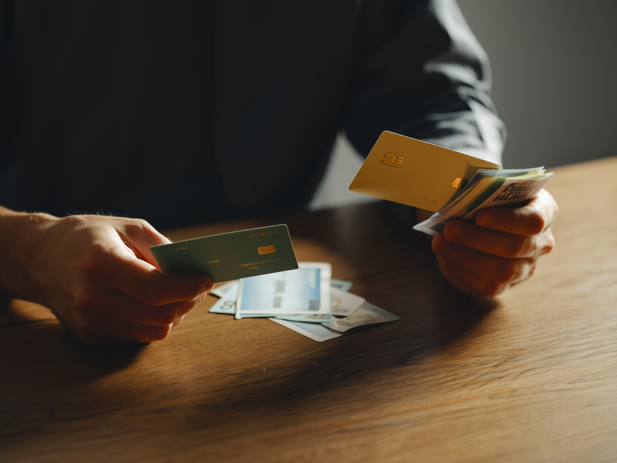 Manos de pareja revisando facturas y tarjetas de crédito sobre mesa de madera