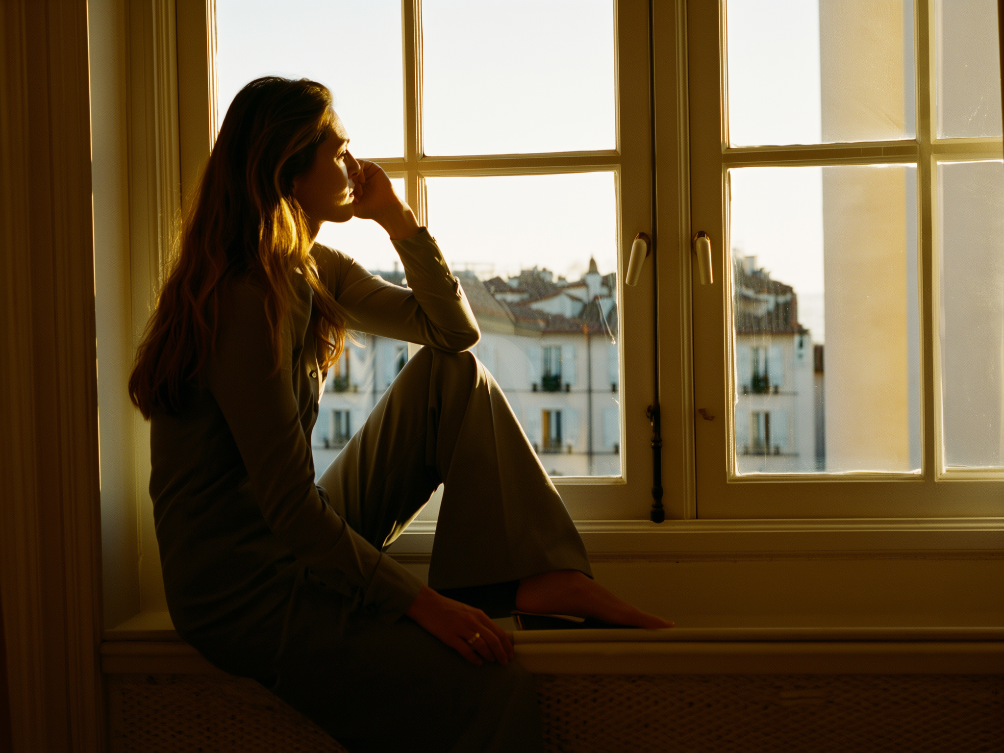 Mujer reflexiva junto a una ventana con luz suave, simbolizando la introspección y el autodescubrimiento