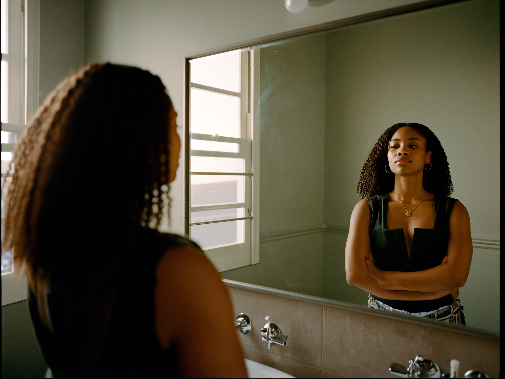 Reflejo de una mujer preparándose frente al espejo con luz natural suave