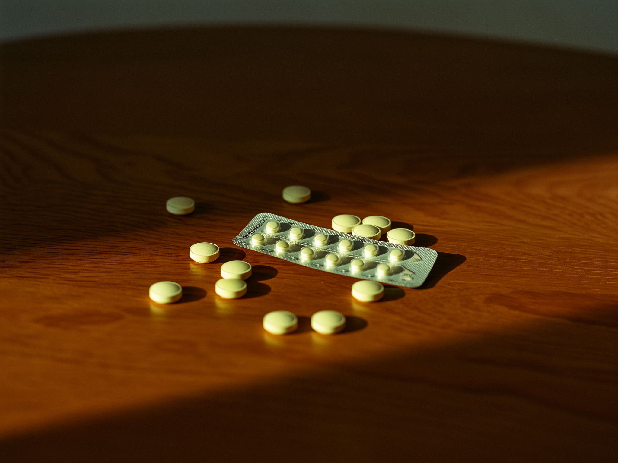 Pastillas anticonceptivas sobre mesa de madera representando el control reproductivo