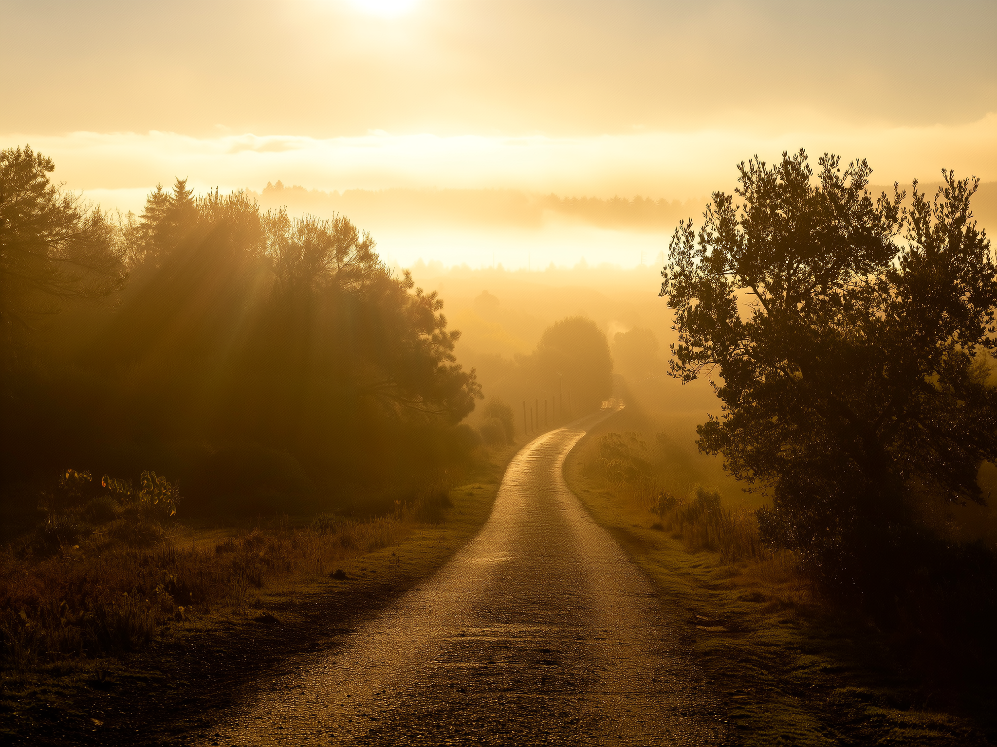 Paisaje sereno al amanecer con dos caminos que se separan, simbolizando el duelo y la búsqueda de identidad