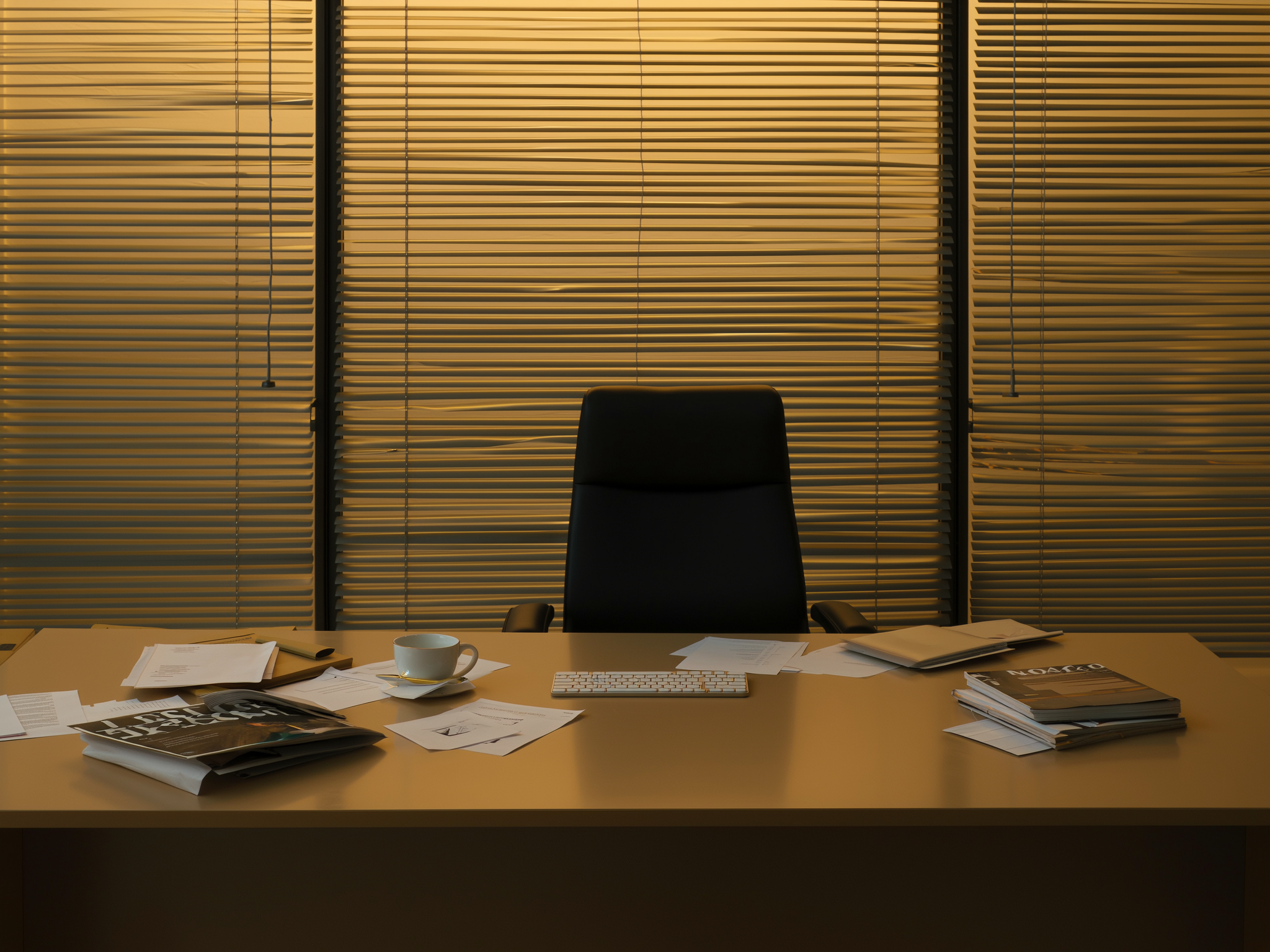 Escritorio de oficina con documentos dispersos, representando el agotamiento laboral en la mediana edad