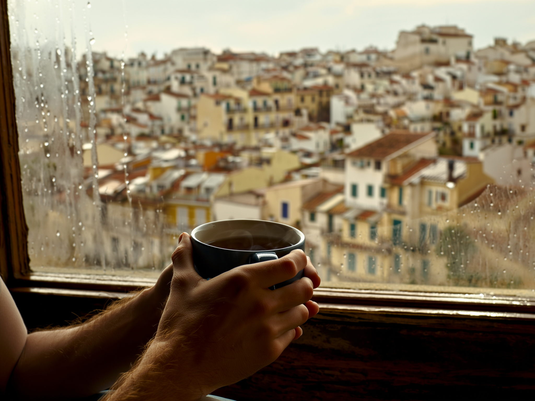 Manos sosteniendo una taza de té junto a una ventana con gotas de lluvia, simbolizando la reflexión y la pausa emocional