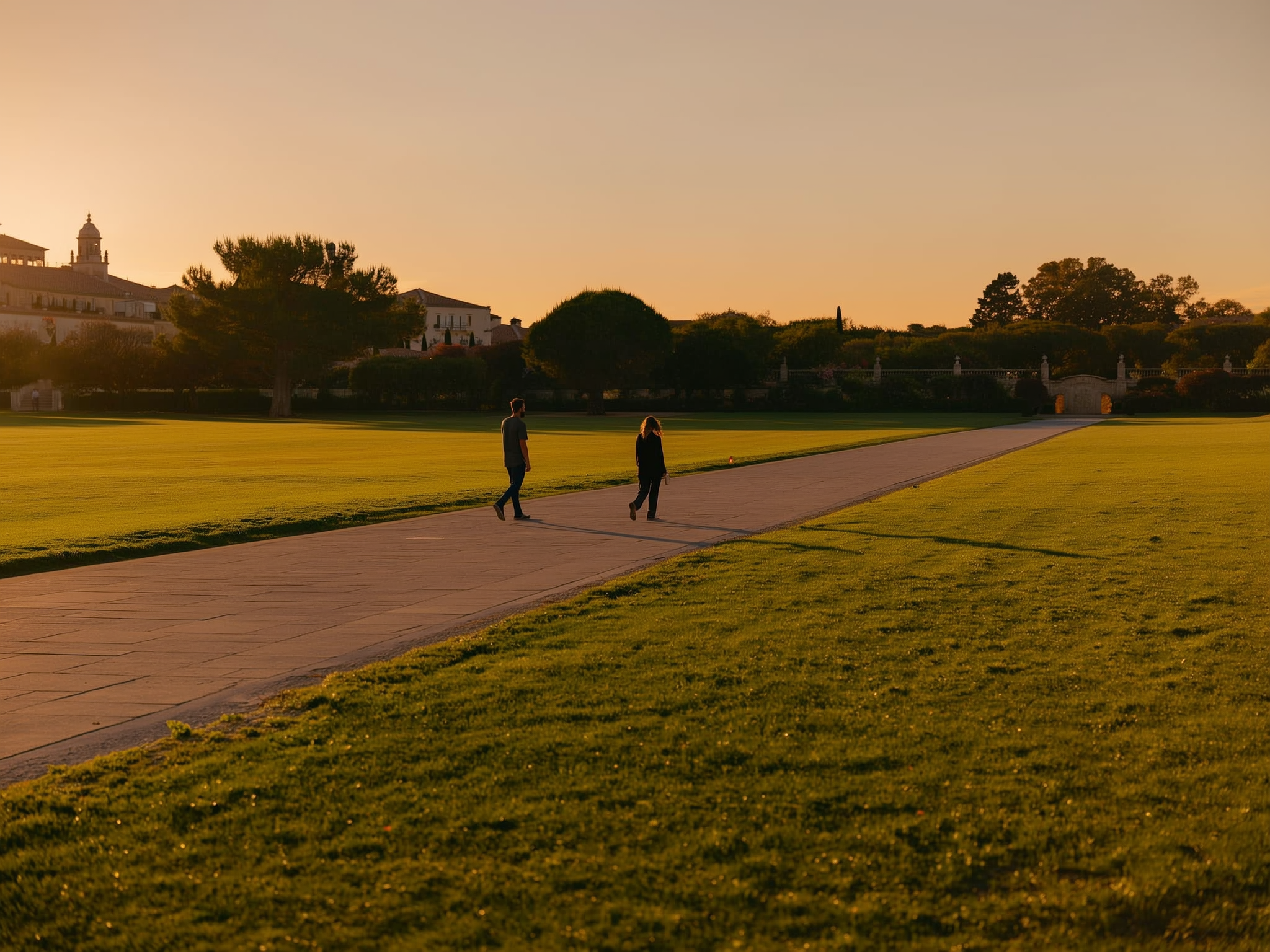 Dos personas caminan por senderos paralelos en jardín europeo con caminos que convergen