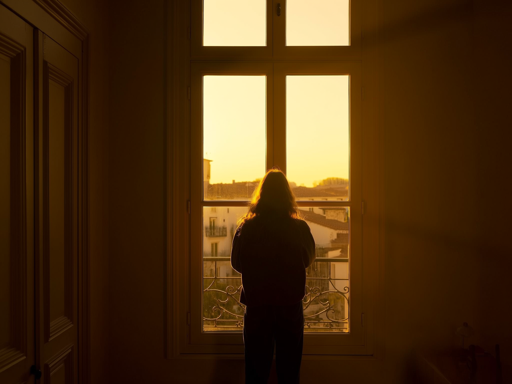 Mujer contemplando el horizonte al amanecer desde una ventana, luz suave y esperanzadora