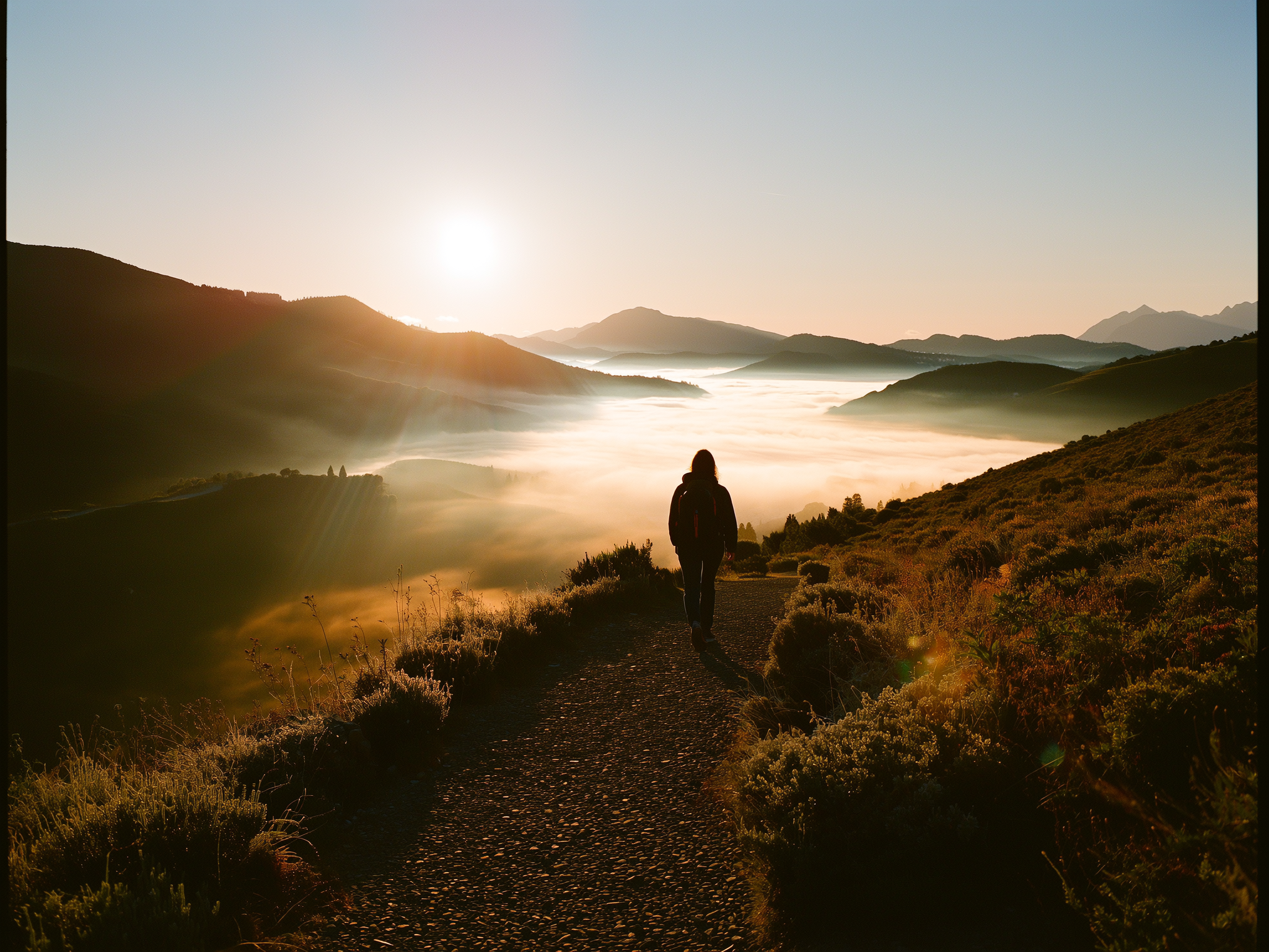 Persona caminando por un sendero de montaña al amanecer, representando el camino hacia la recuperación
