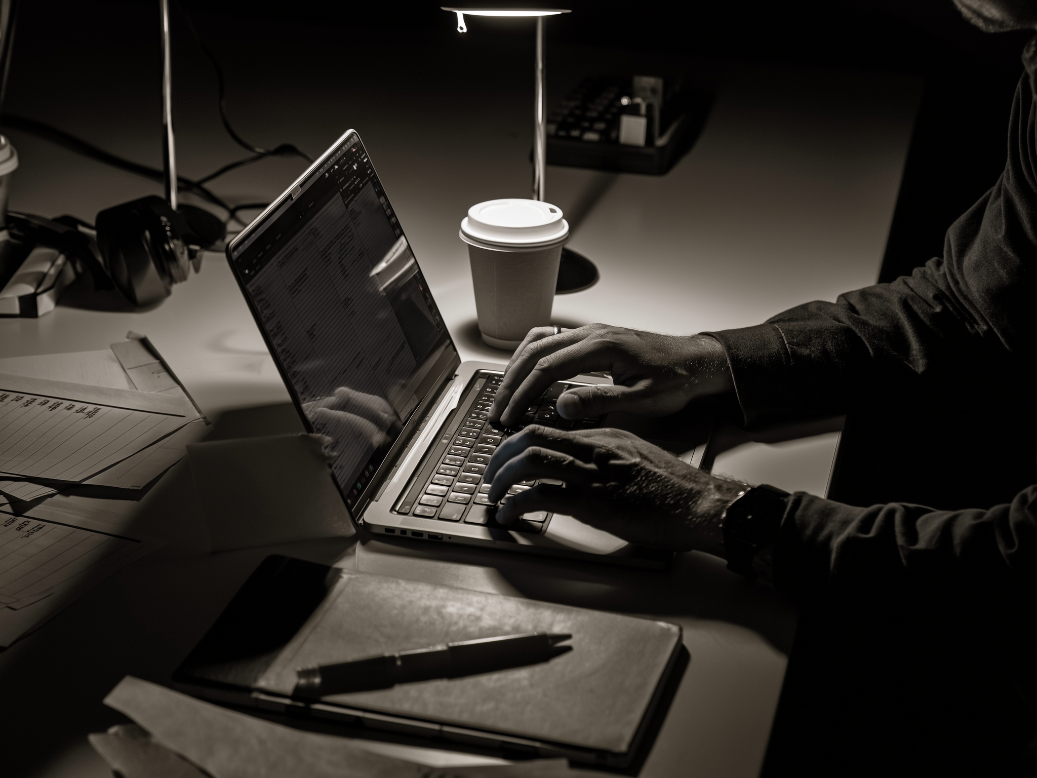 Manos trabajando intensamente en un portátil durante la noche