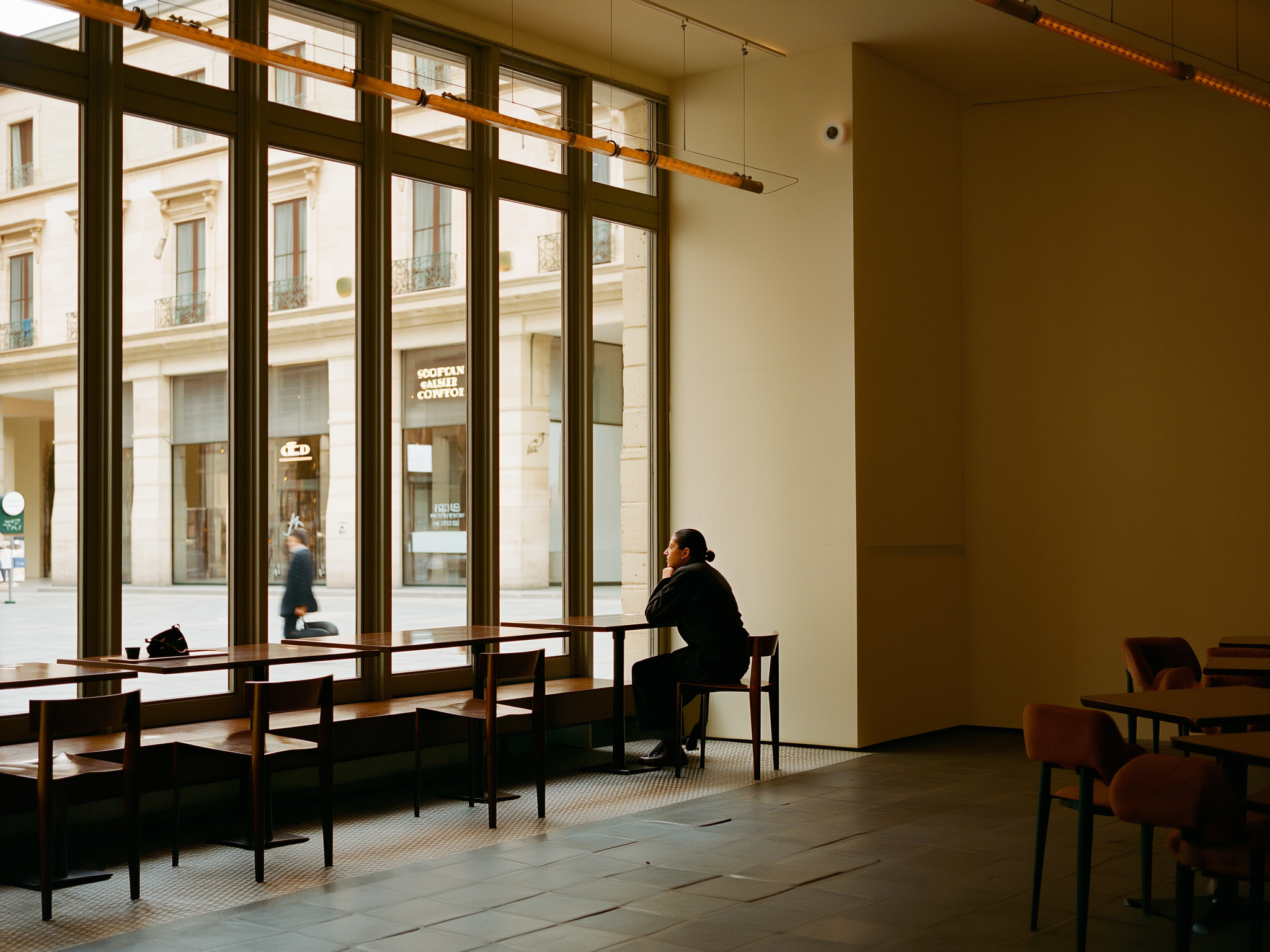 Persona sentada sola en cafetería minimalista reflexionando