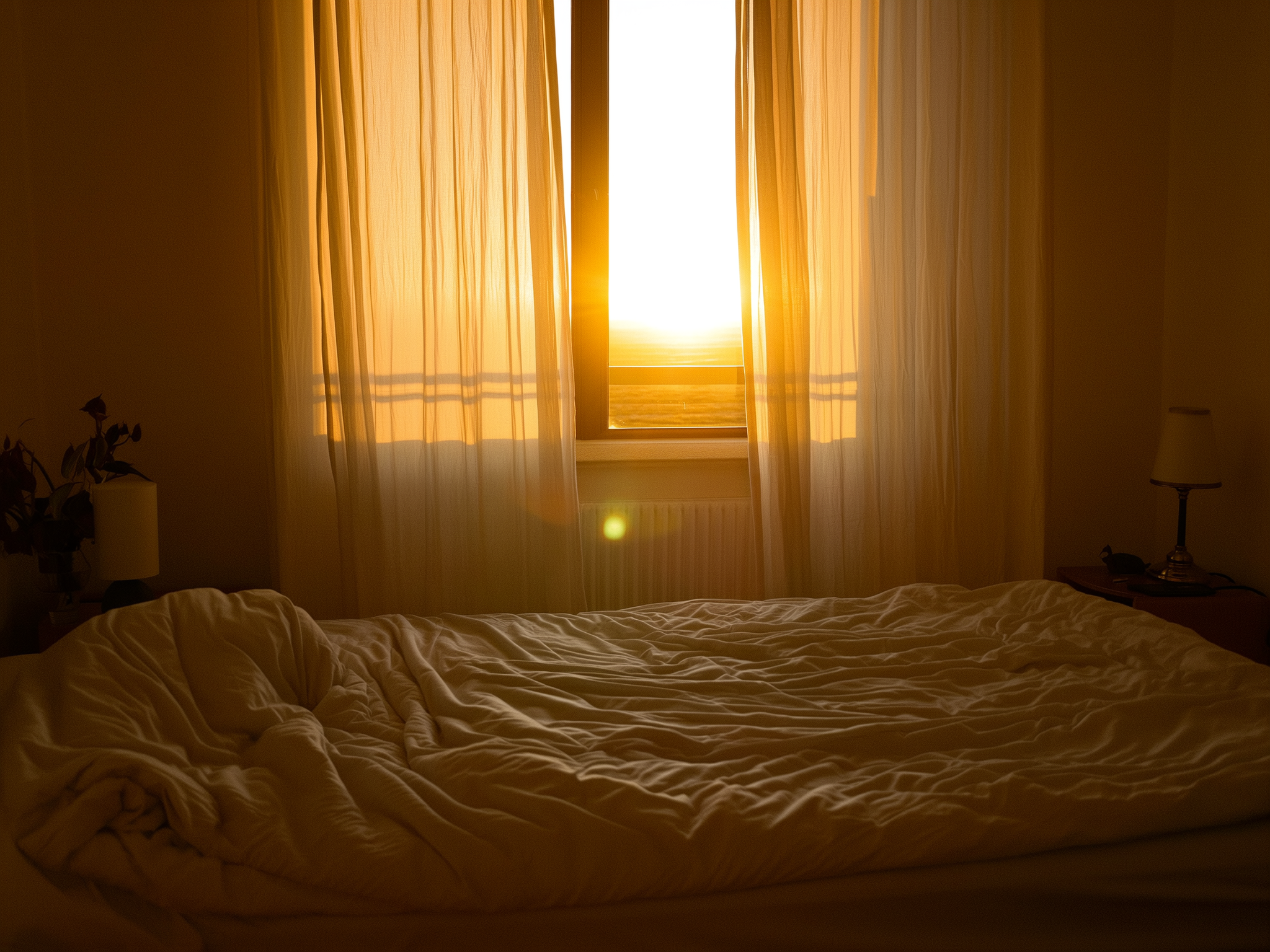 Luz del amanecer filtrándose por cortinas de dormitorio