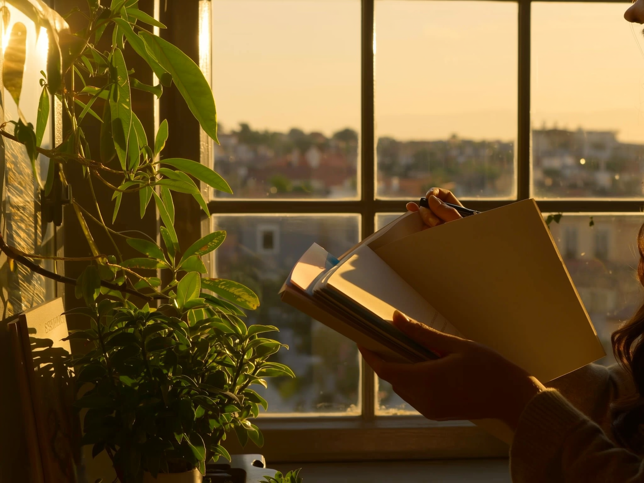 Manos escribiendo en diario junto a ventana con plantas