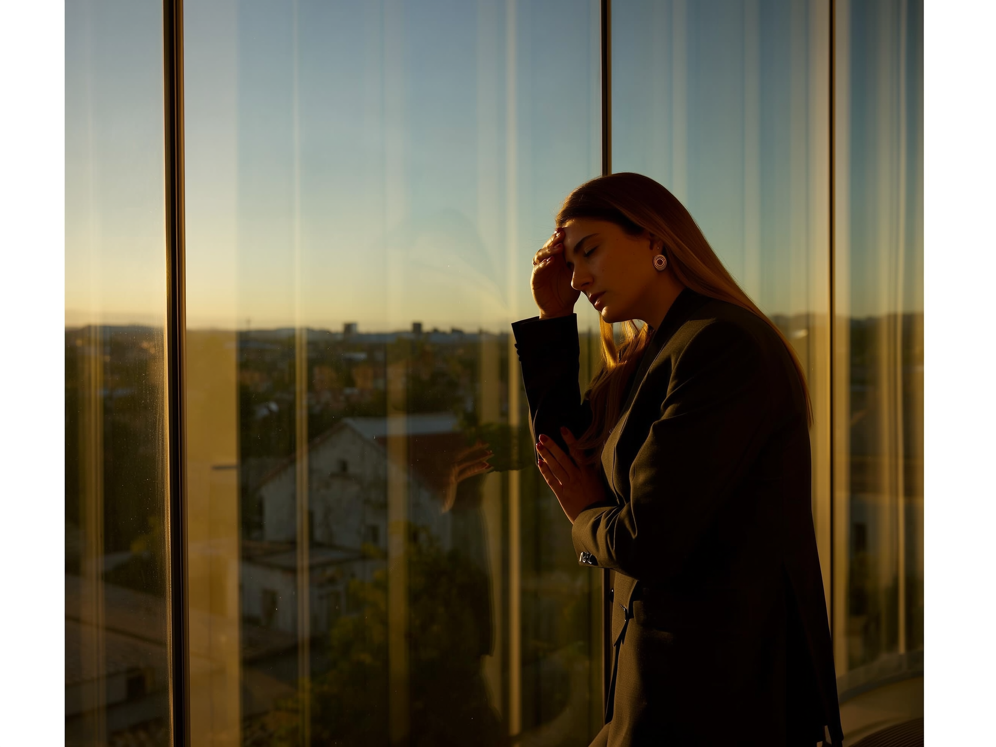 Persona profesional contemplando por ventana de oficina con expresión reflexiva al amanecer