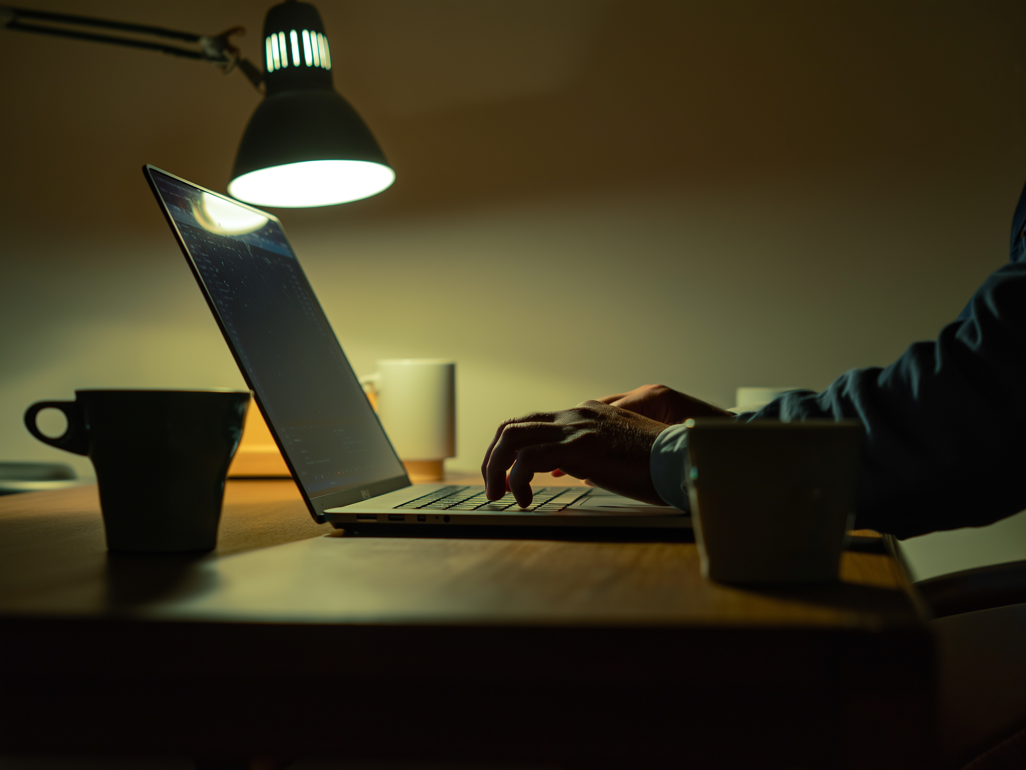 Manos trabajando tarde en el ordenador con múltiples tazas de café, simbolizando el agotamiento funcional