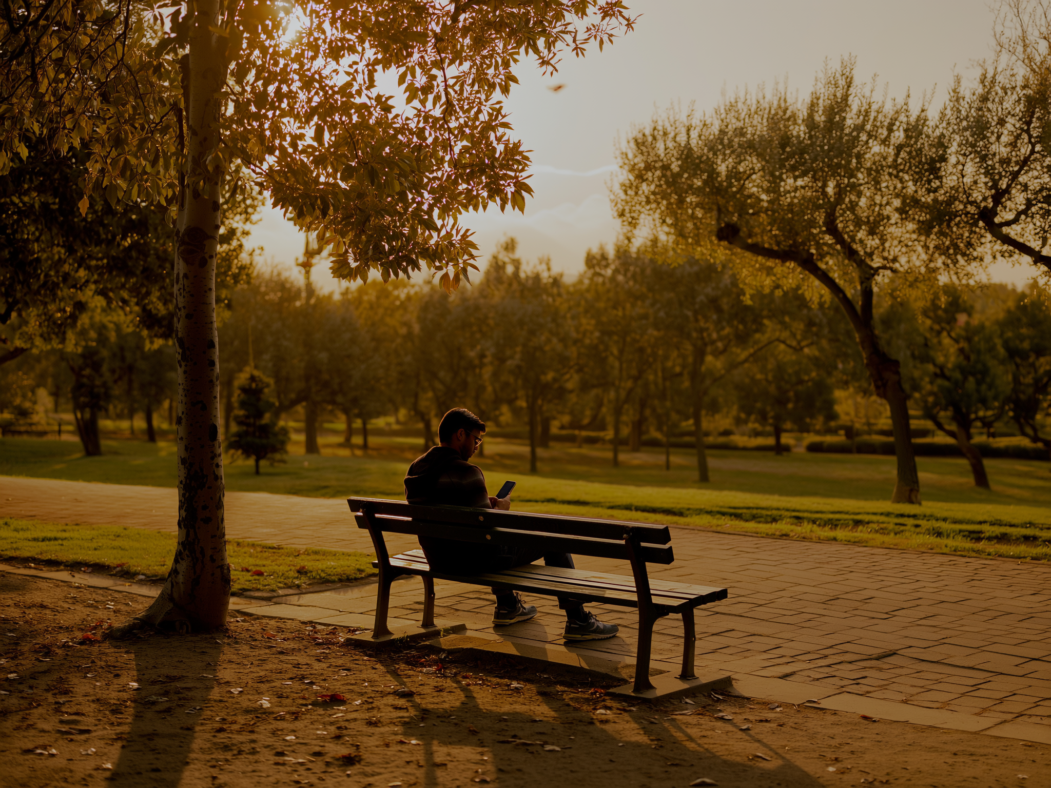 Persona sentada tranquilamente en banco de parque sin distracciones, practicando momento de pausa