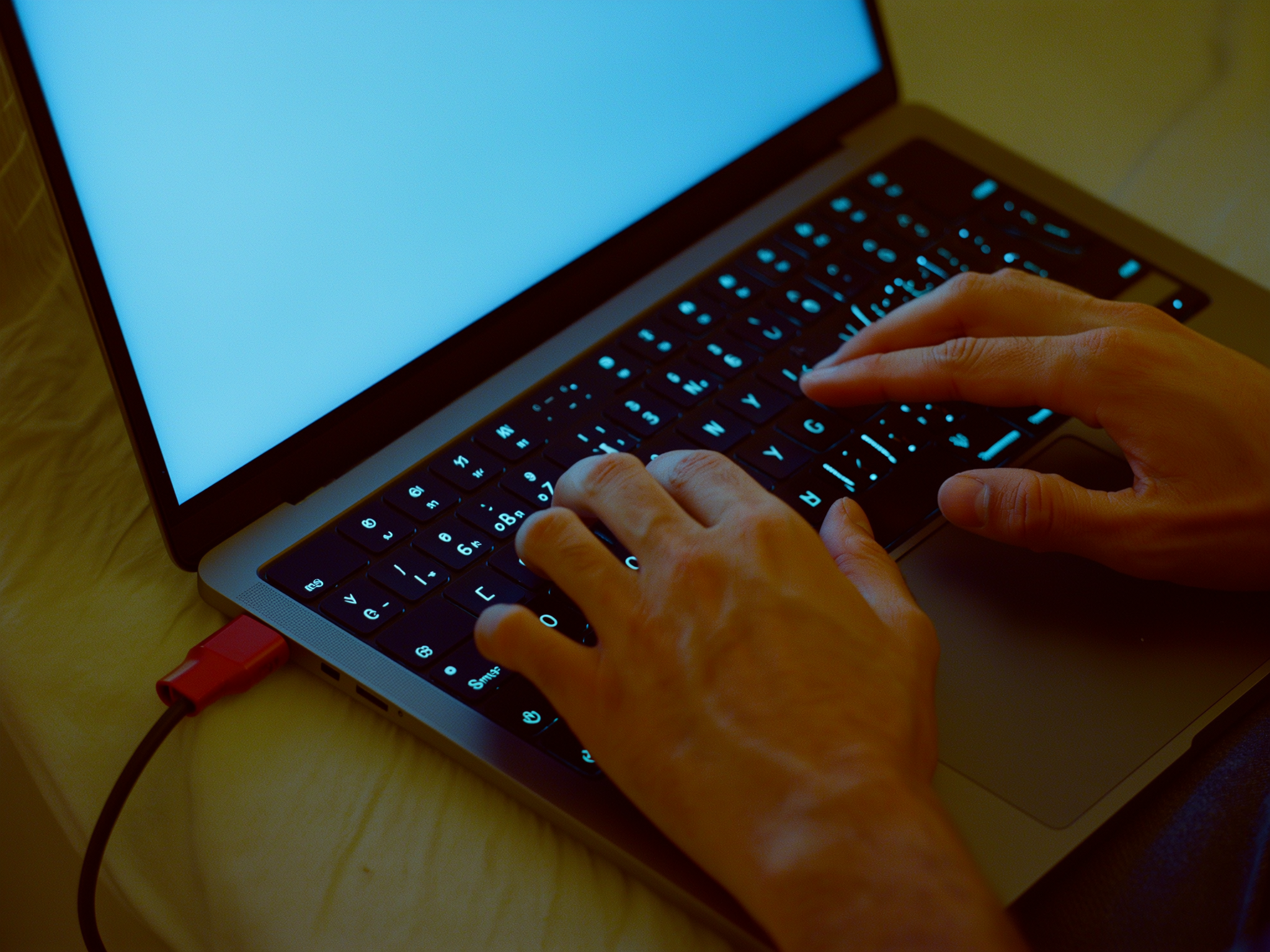 Manos escribiendo en un teclado durante la noche, simbolizando el esfuerzo invisible del trabajo con depresión