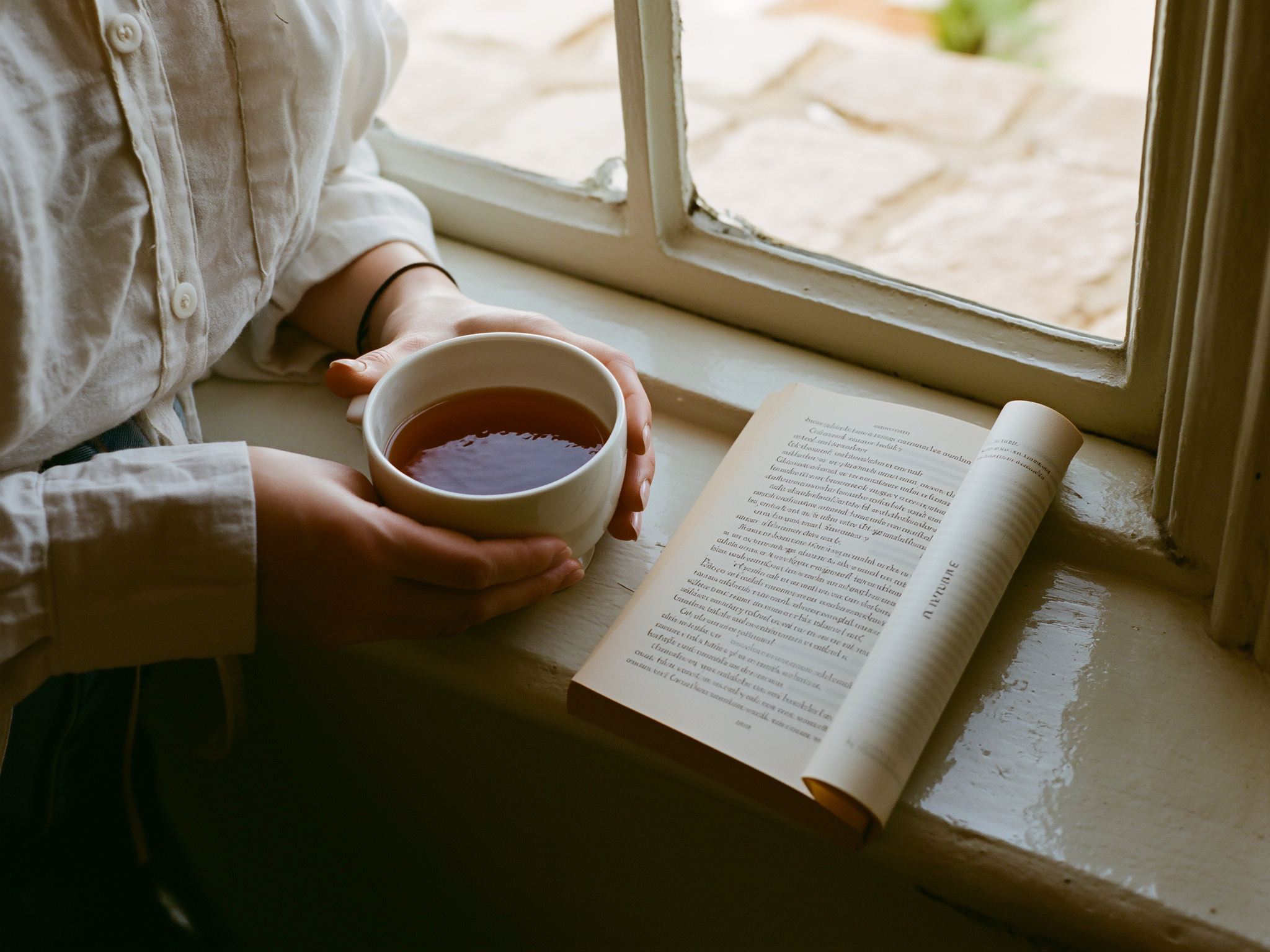 Manos de mujer sosteniendo taza de té mientras lee junto a ventana con luz natural