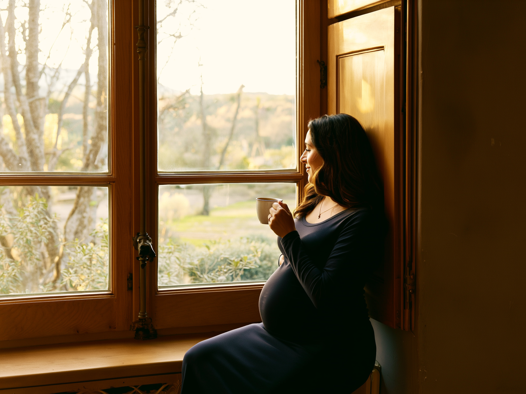 Mujer embarazada sentada junto a una ventana con luz suave, expresión reflexiva y serena