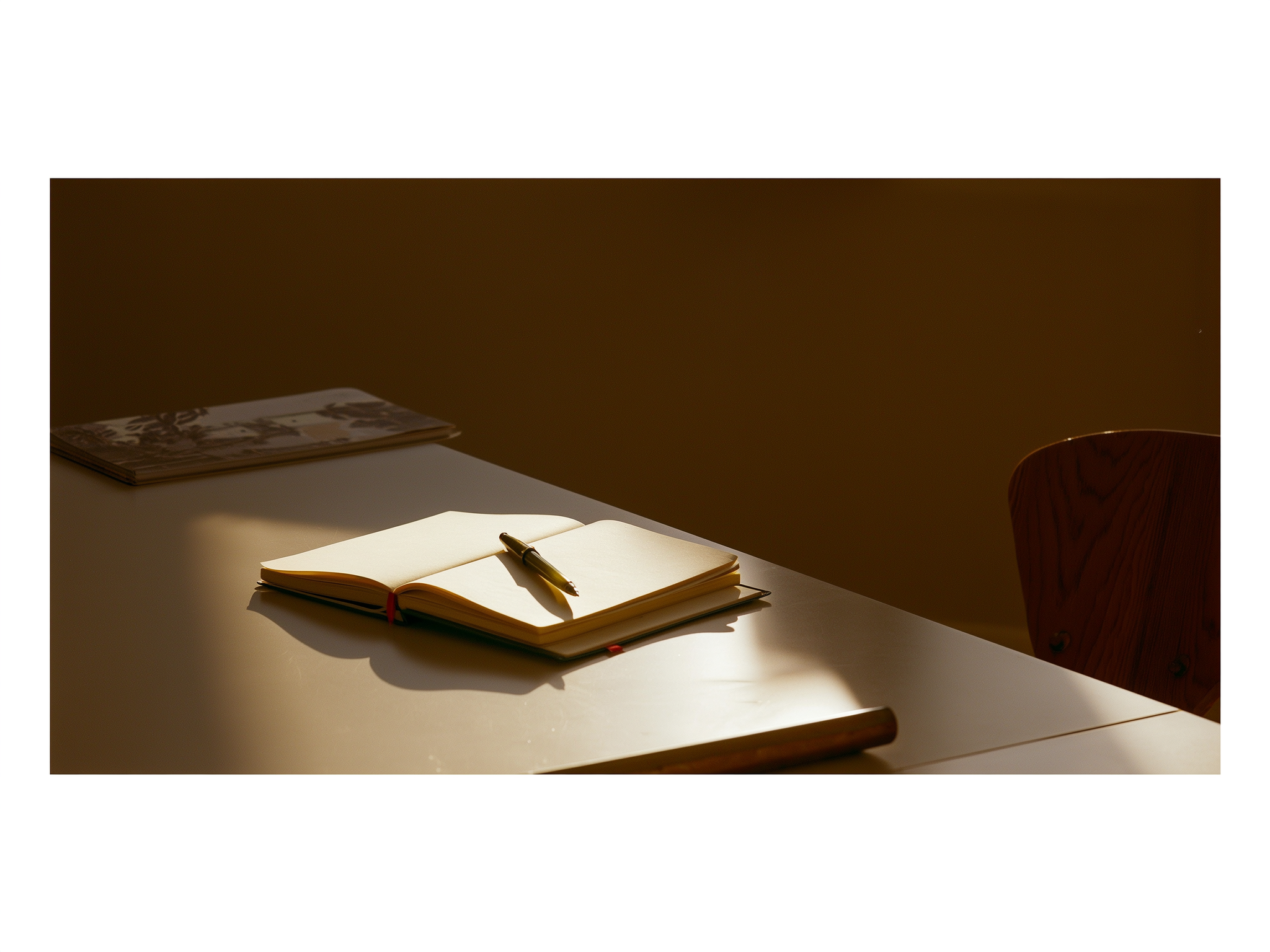 Diario personal y bolígrafo sobre escritorio iluminado naturalmente