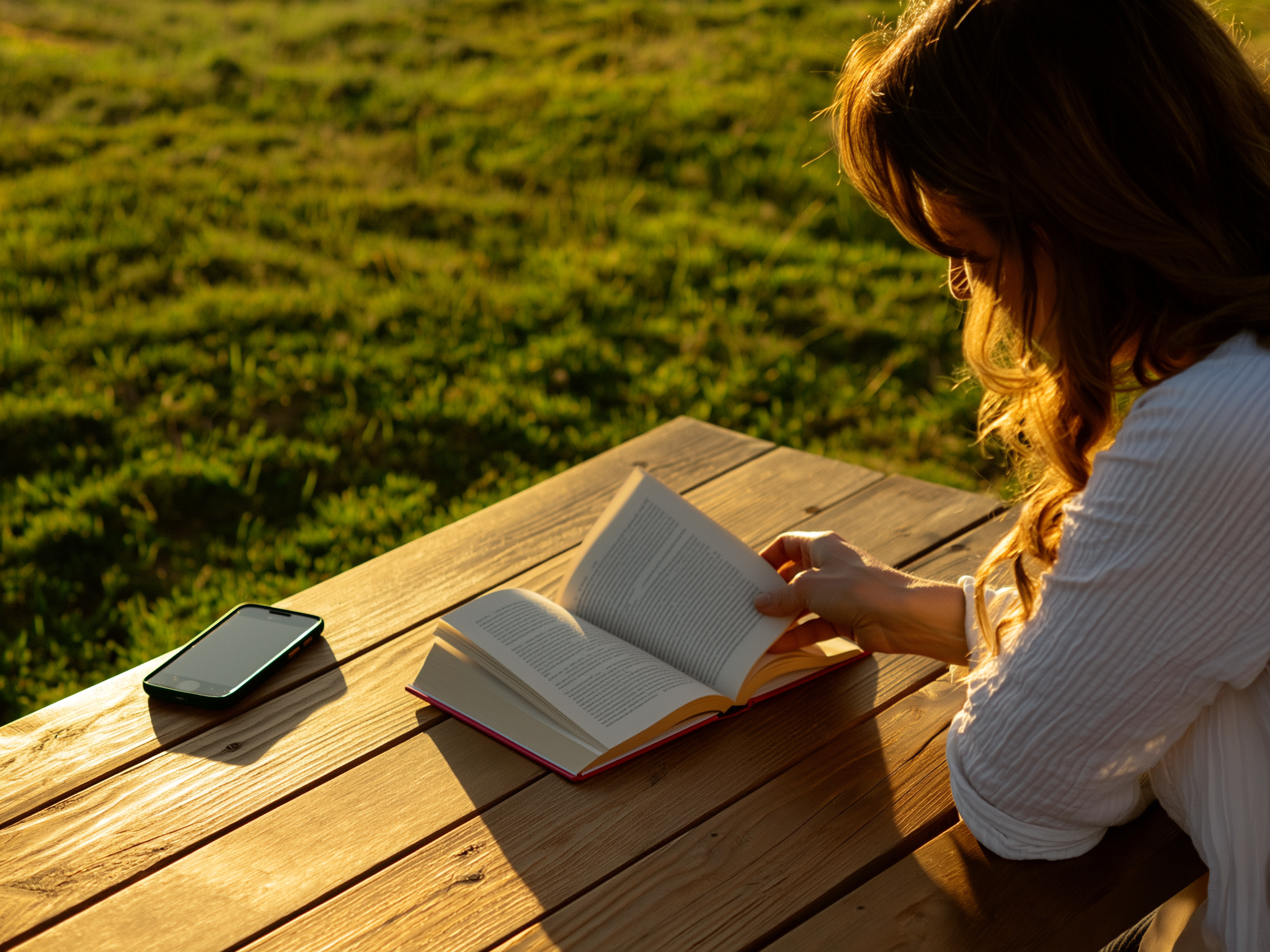 Mujer leyendo un libro en un jardín tranquilo con el teléfono móvil alejado sobre una mesa
