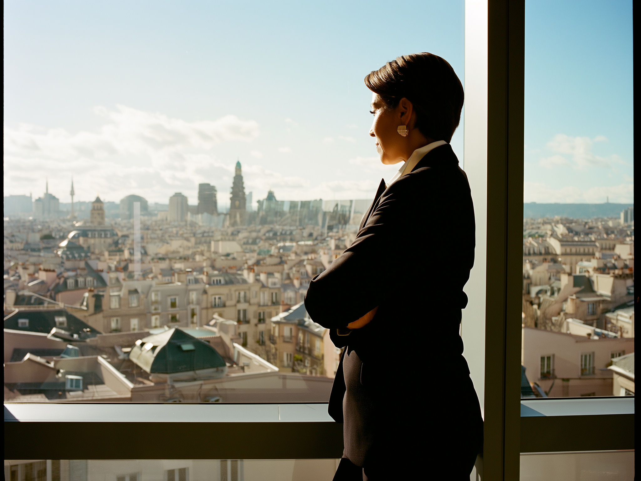 Mujer profesional mirando por la ventana de una oficina moderna con expresión reflexiva