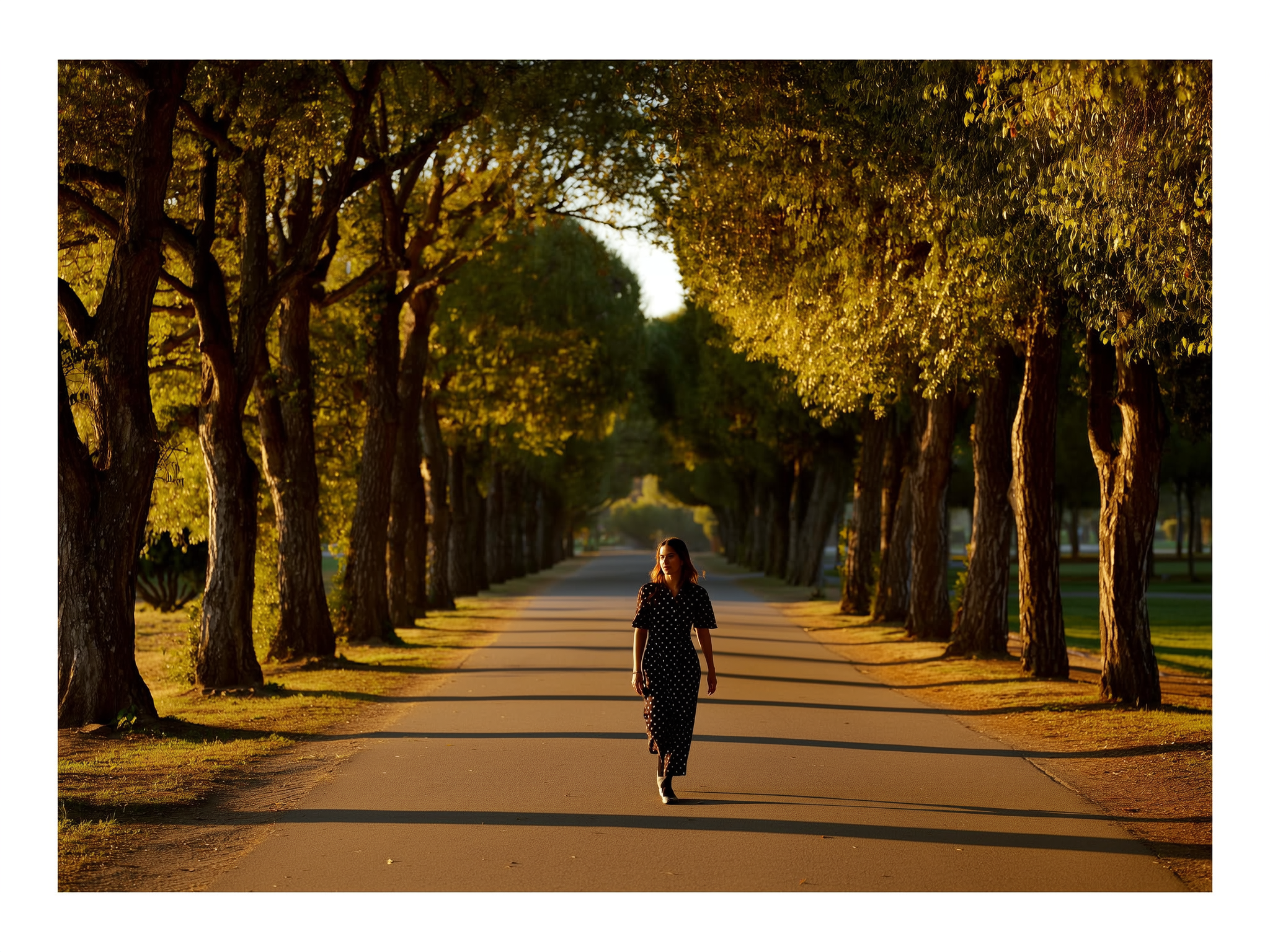 Mujer caminando por sendero arbolado durante la hora dorada, transmitiendo esperanza y serenidad