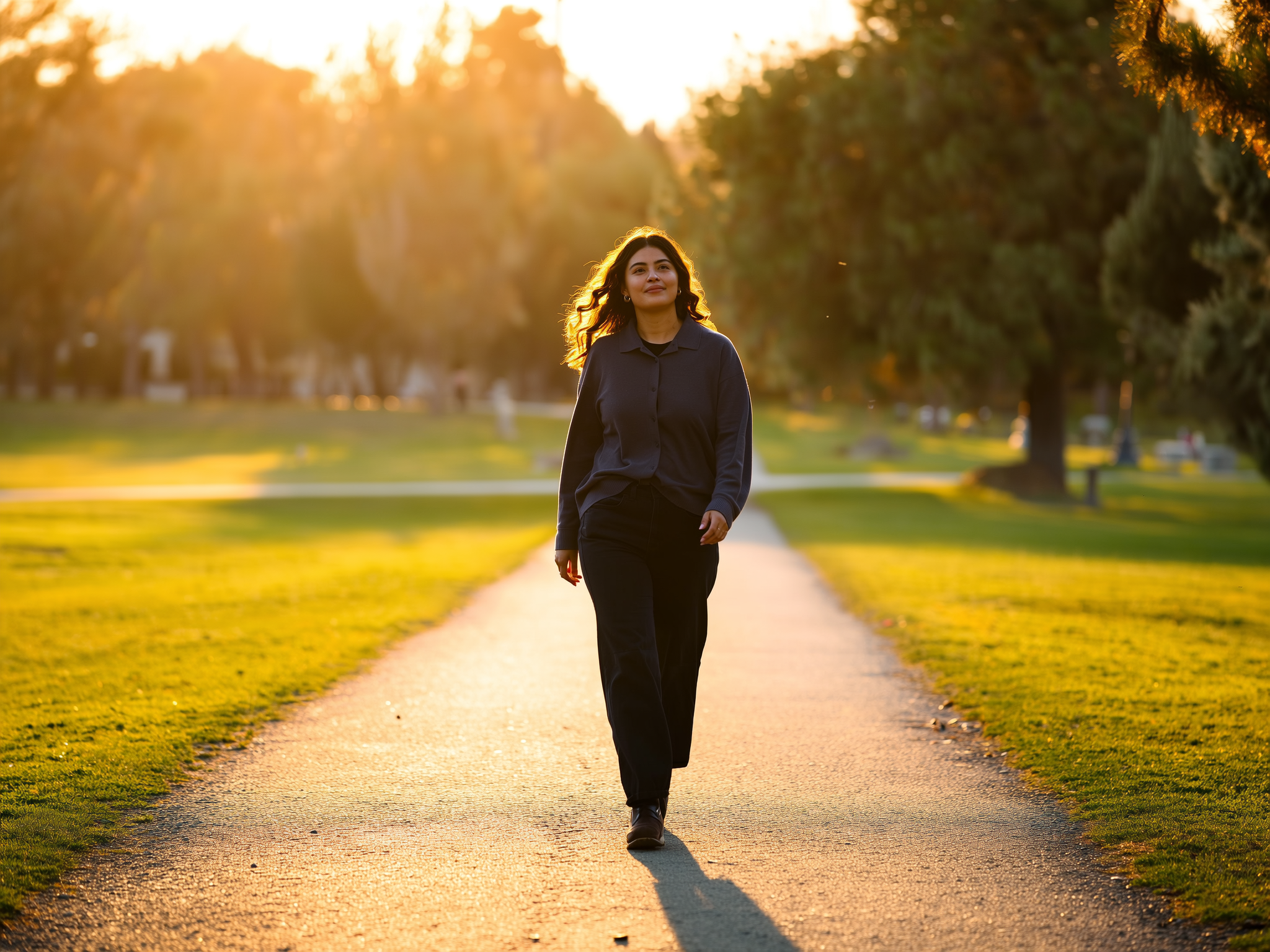 Mujer caminando por sendero al atardecer, simbolizando el proceso de sanación y crecimiento personal